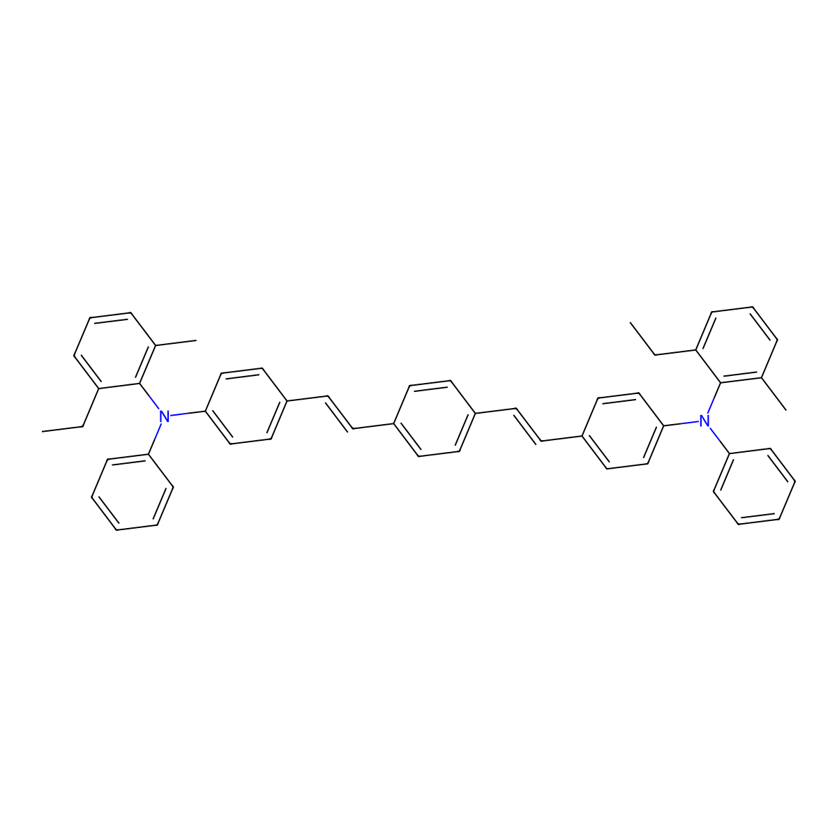 N,N'-((1,4-Phenylenebis(ethene-2,1-diyl))bis(4,1-phenylene))bis(2-ethyl-6-methyl-N-phenylaniline) molecular structure, CAS 254897-50-2
