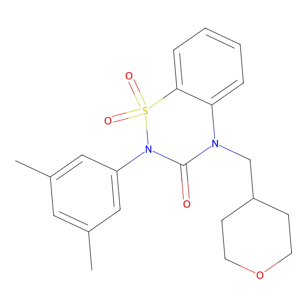 2-(3,5-dimethylphenyl)-4-[(oxan-4-yl)methyl]-3,4-dihydro-2H-1lambda6,2,4-benzothiadiazine-1,1,3-trione molecular structure, CAS 2548974-96-3