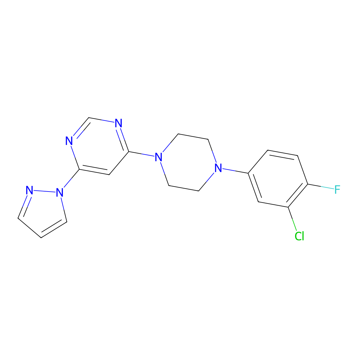4-[4-(3-chloro-4-fluorophenyl)piperazin-1-yl]-6-(1H-pyrazol-1-yl)pyrimidine molecular structure, CAS 2548975-01-3