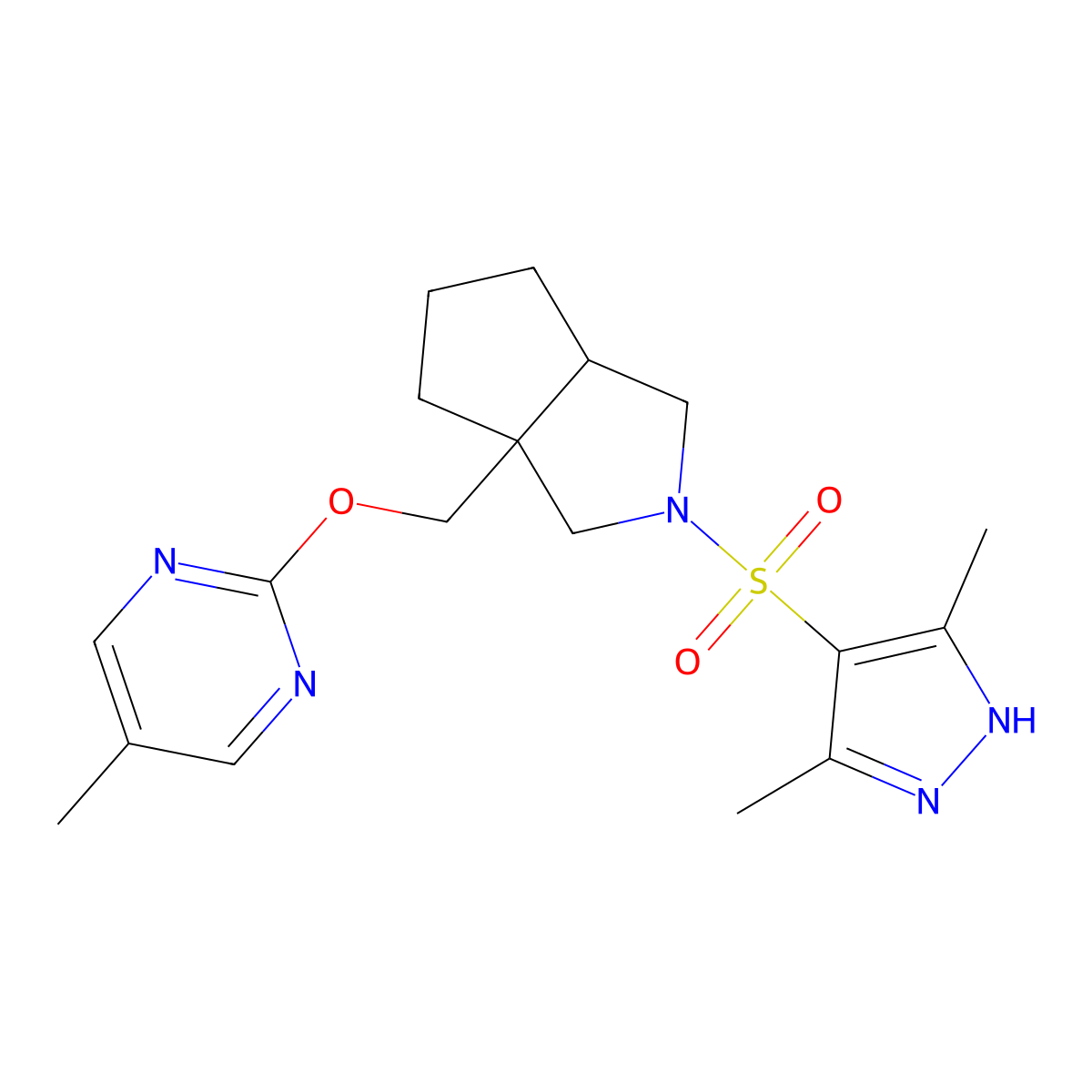 2-({2-[(3,5-dimethyl-1H-pyrazol-4-yl)sulfonyl]-octahydrocyclopenta[c]pyrrol-3a-yl}methoxy)-5-methylpyrimidine molecular structure, CAS 2548975-20-6