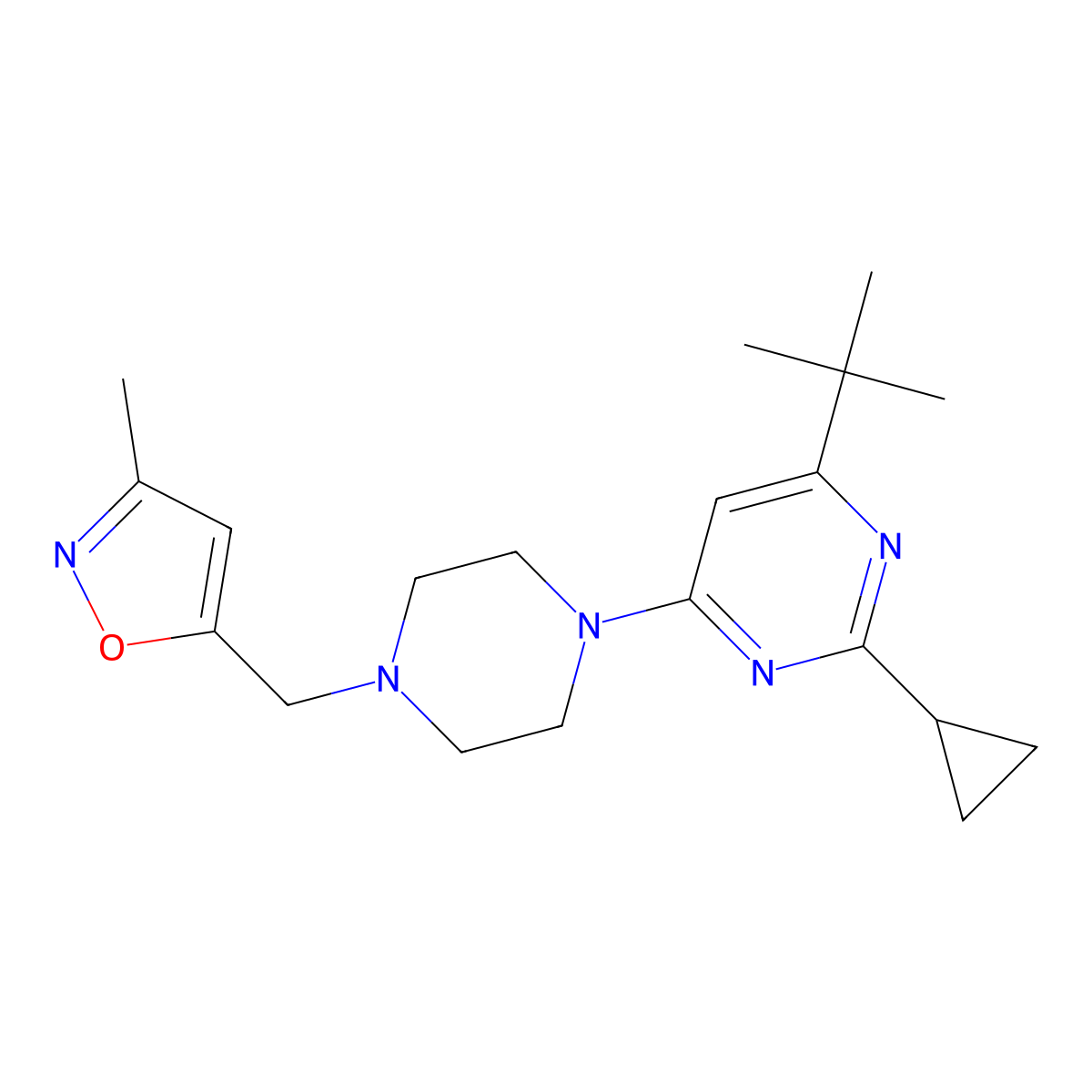 4-Tert-butyl-2-cyclopropyl-6-{4-[(3-methyl-1,2-oxazol-5-yl)methyl]piperazin-1-yl}pyrimidine molecular structure, CAS 2548975-32-0