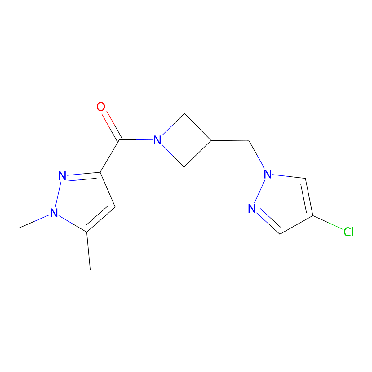 3-{3-[(4-chloro-1H-pyrazol-1-yl)methyl]azetidine-1-carbonyl}-1,5-dimethyl-1H-pyrazole molecular structure, CAS 2548975-38-6
