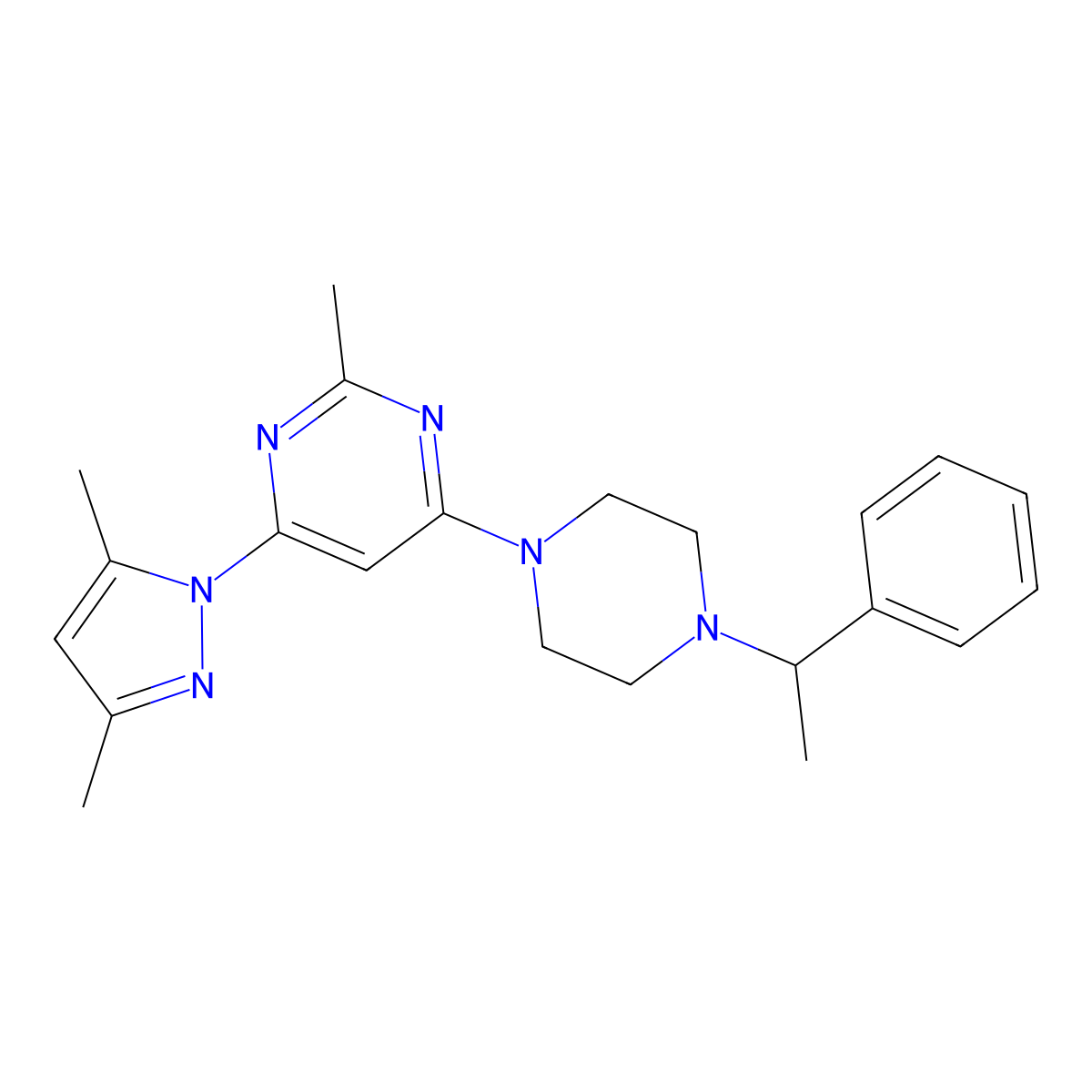 4-(3,5-dimethyl-1H-pyrazol-1-yl)-2-methyl-6-[4-(1-phenylethyl)piperazin-1-yl]pyrimidine molecular structure, CAS 2548975-53-5