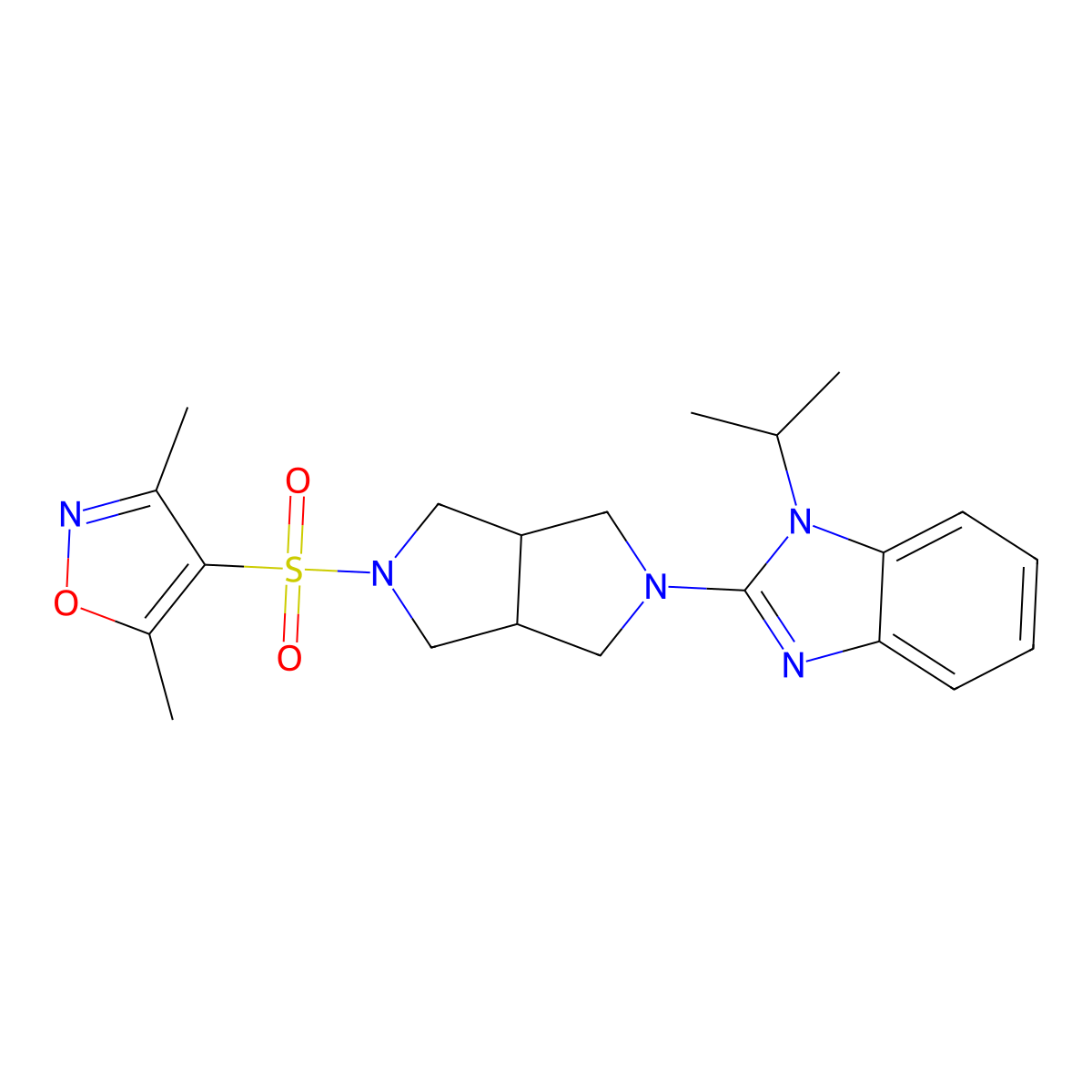 2-{5-[(3,5-dimethyl-1,2-oxazol-4-yl)sulfonyl]-octahydropyrrolo[3,4-c]pyrrol-2-yl}-1-(propan-2-yl)-1H-1,3-benzodiazole molecular structure, CAS 2548975-54-6