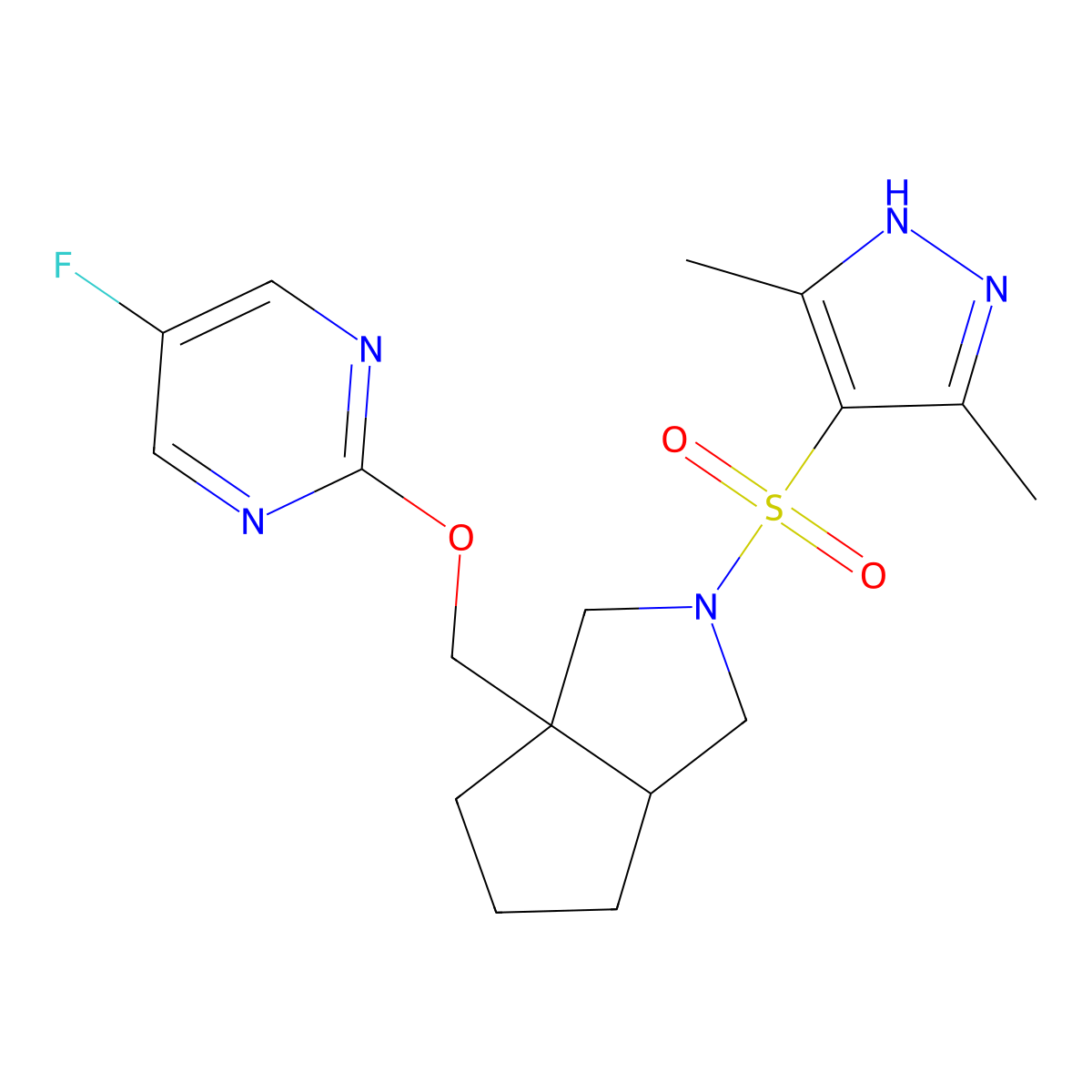 2-({2-[(3,5-dimethyl-1H-pyrazol-4-yl)sulfonyl]-octahydrocyclopenta[c]pyrrol-3a-yl}methoxy)-5-fluoropyrimidine molecular structure, CAS 2548975-58-0