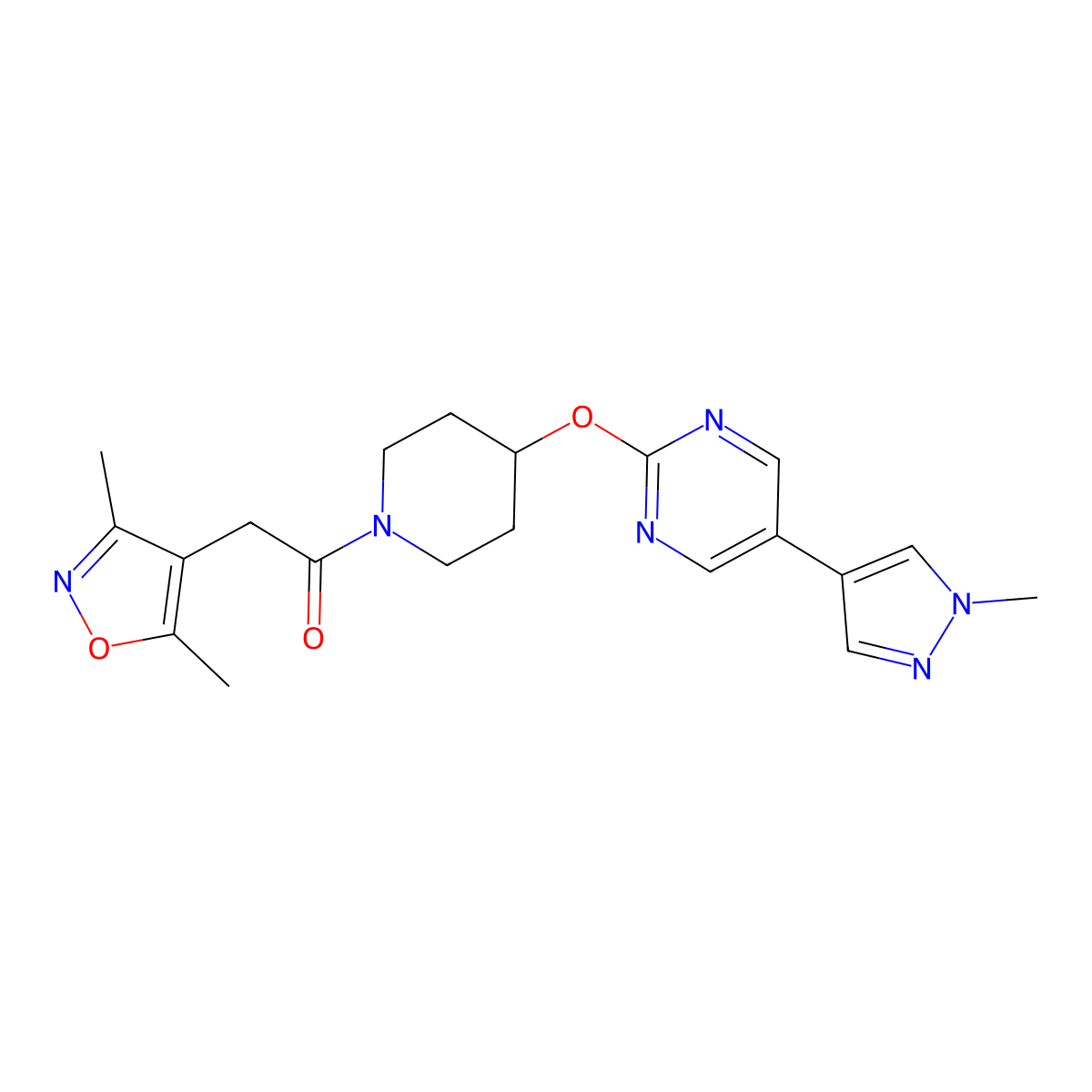 2-(3,5-dimethyl-1,2-oxazol-4-yl)-1-(4-{[5-(1-methyl-1H-pyrazol-4-yl)pyrimidin-2-yl]oxy}piperidin-1-yl)ethan-1-one molecular structure, CAS 2548975-60-4