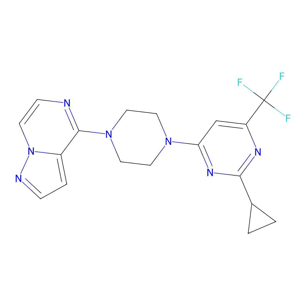 2-Cyclopropyl-4-(4-{pyrazolo[1,5-a]pyrazin-4-yl}piperazin-1-yl)-6-(trifluoromethyl)pyrimidine molecular structure, CAS 2548975-63-7