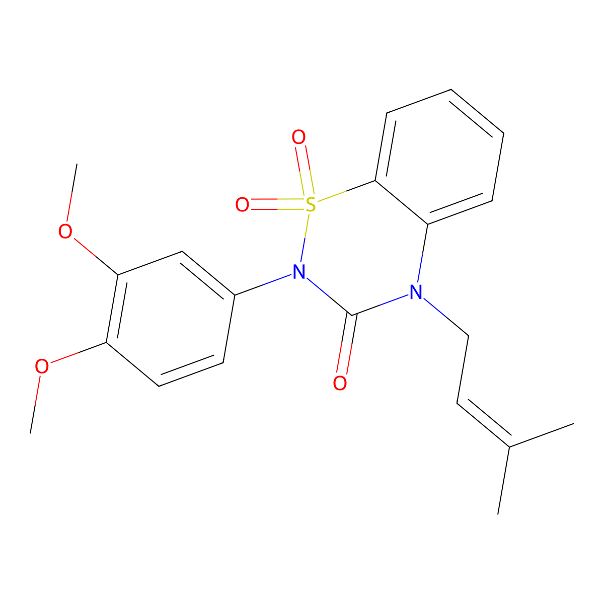 2-(3,4-dimethoxyphenyl)-4-(3-methylbut-2-en-1-yl)-3,4-dihydro-2H-1lambda6,2,4-benzothiadiazine-1,1,3-trione molecular structure, CAS 2548975-70-6