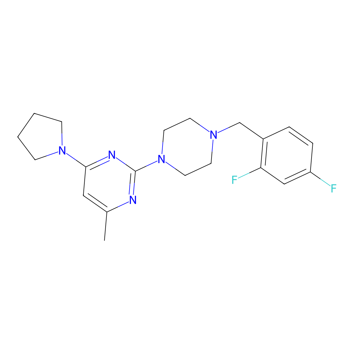 2-{4-[(2,4-Difluorophenyl)methyl]piperazin-1-yl}-4-methyl-6-(pyrrolidin-1-yl)pyrimidine molecular structure, CAS 2548975-73-9