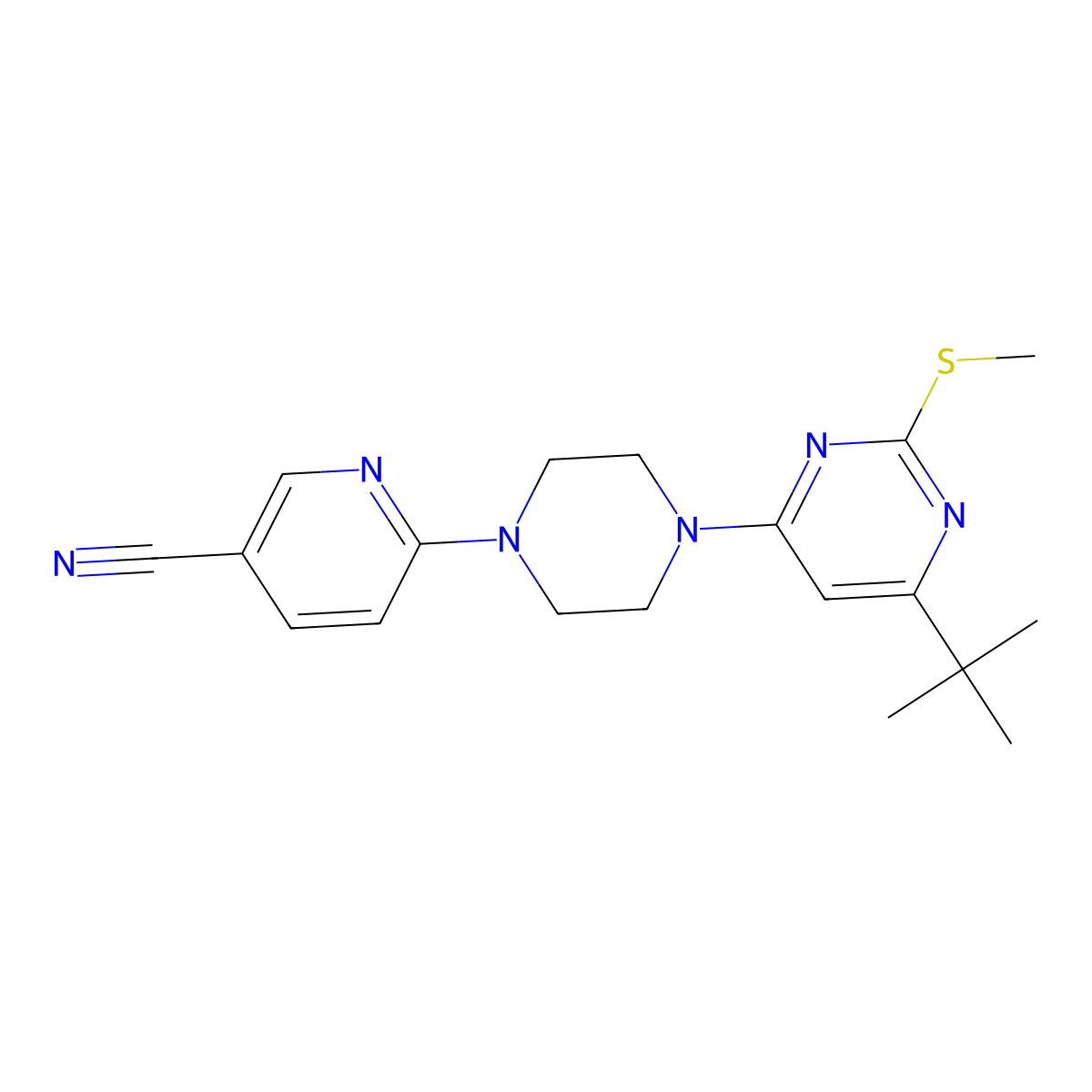 6-{4-[6-Tert-butyl-2-(methylsulfanyl)pyrimidin-4-yl]piperazin-1-yl}pyridine-3-carbonitrile molecular structure, CAS 2548975-89-7