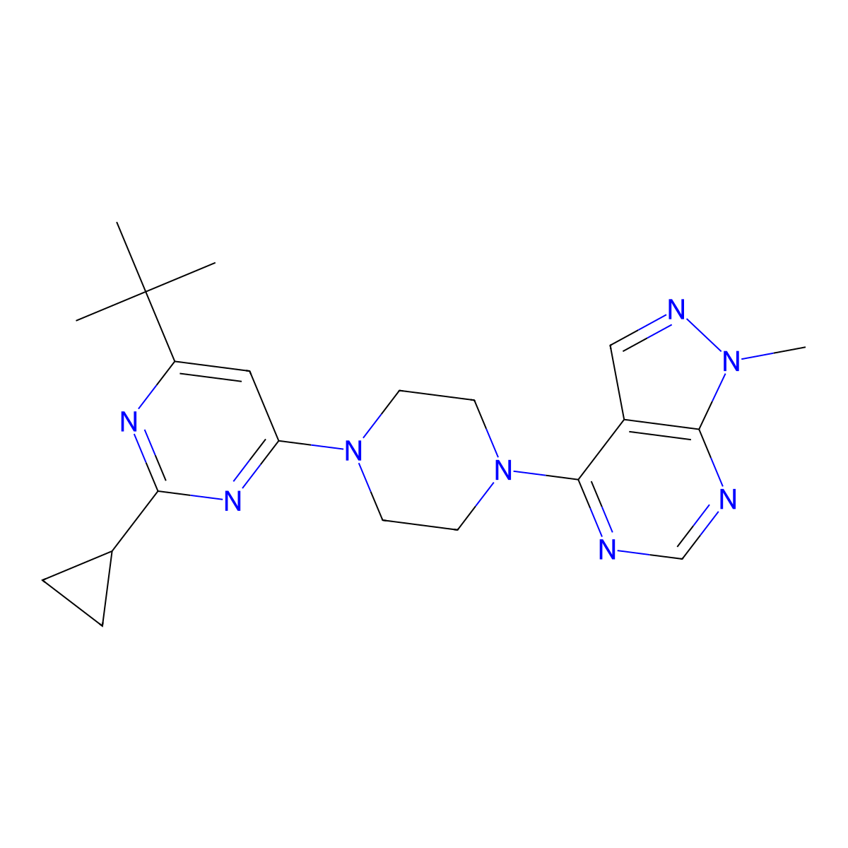 4-tert-butyl-2-cyclopropyl-6-(4-{1-methyl-1H-pyrazolo[3,4-d]pyrimidin-4-yl}piperazin-1-yl)pyrimidine molecular structure, CAS 2548975-93-3