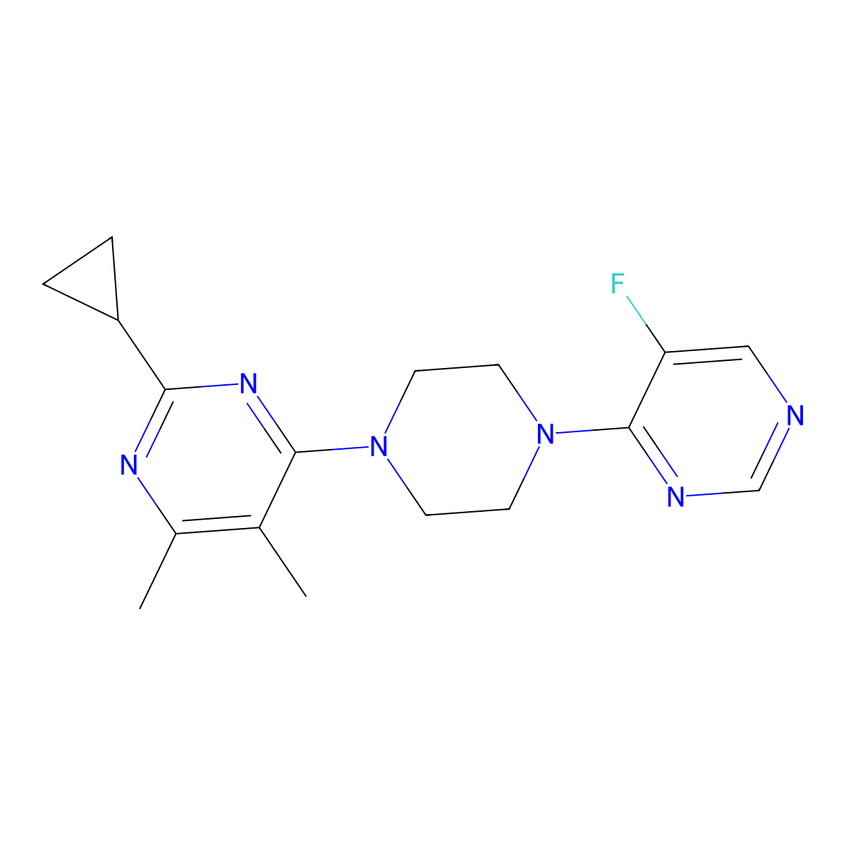 2-Cyclopropyl-4-[4-(5-fluoropyrimidin-4-yl)piperazin-1-yl]-5,6-dimethylpyrimidine molecular structure, CAS 2548976-01-6