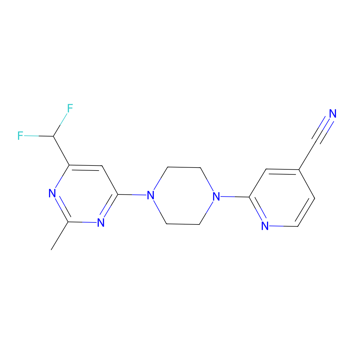 2-{4-[6-(Difluoromethyl)-2-methylpyrimidin-4-yl]piperazin-1-yl}pyridine-4-carbonitrile molecular structure, CAS 2548976-19-6