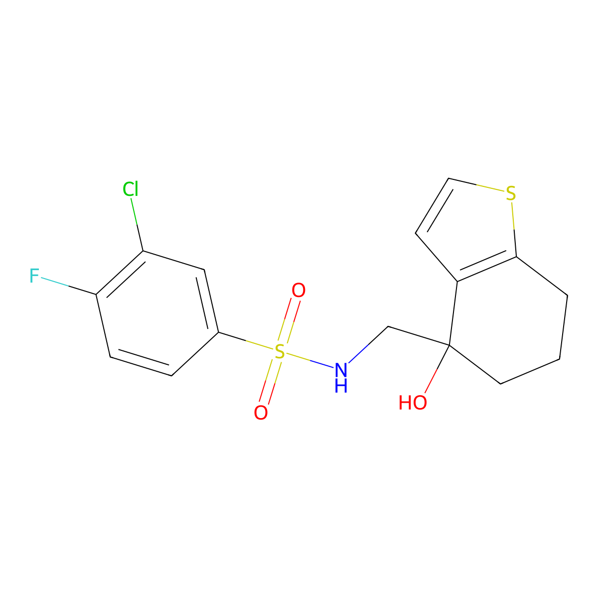 3-chloro-4-fluoro-N-[(4-hydroxy-4,5,6,7-tetrahydro-1-benzothiophen-4-yl)methyl]benzene-1-sulfonamide molecular structure, CAS 2548976-20-9