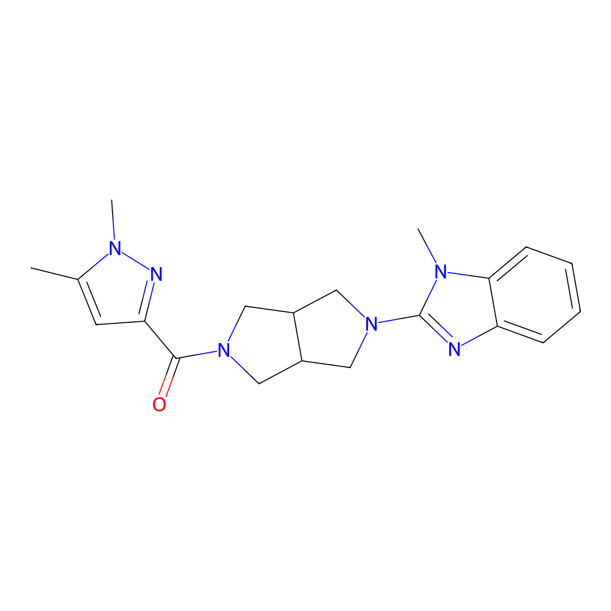 2-[5-(1,5-dimethyl-1H-pyrazole-3-carbonyl)-octahydropyrrolo[3,4-c]pyrrol-2-yl]-1-methyl-1H-1,3-benzodiazole molecular structure, CAS 2548976-22-1