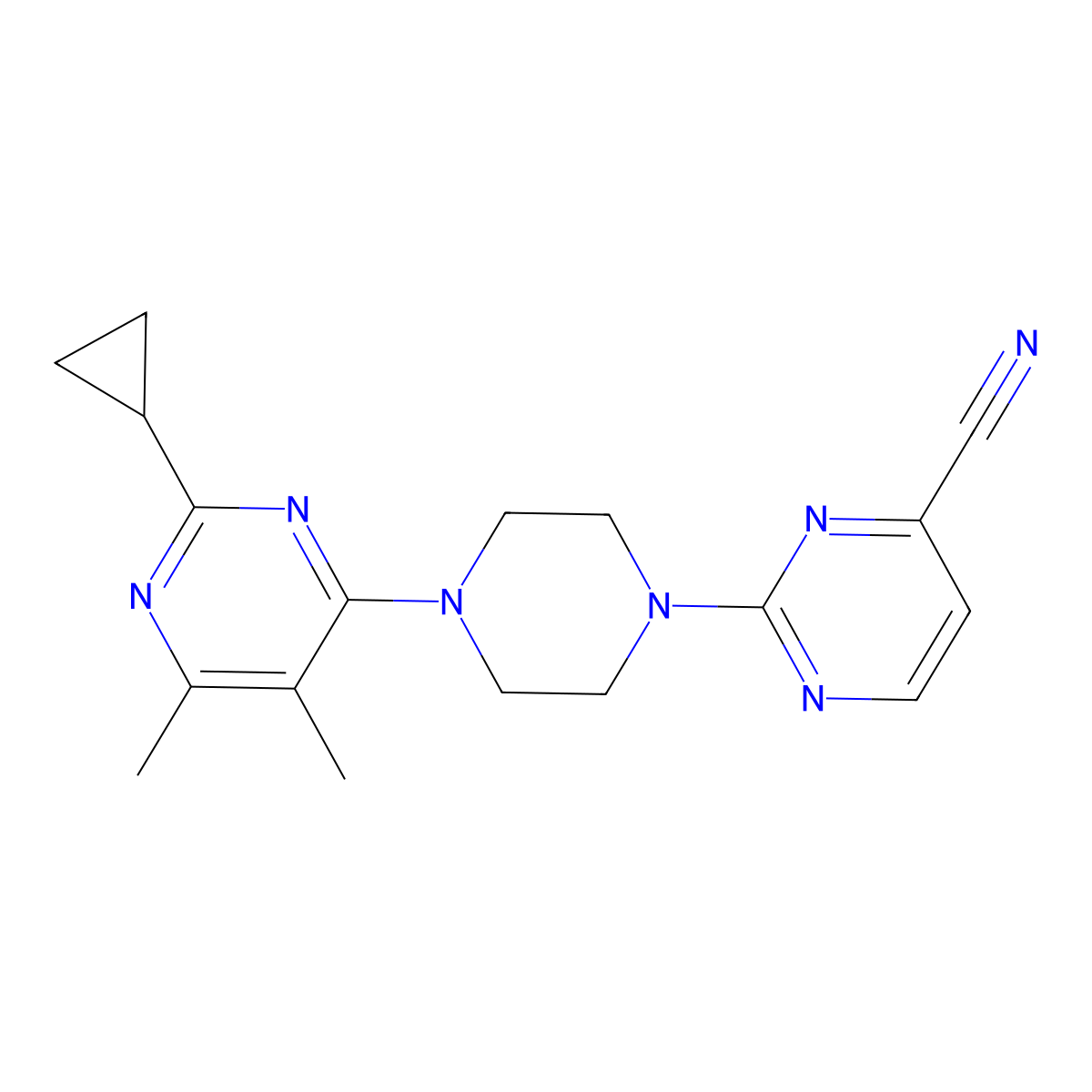 2-[4-(2-Cyclopropyl-5,6-dimethylpyrimidin-4-yl)piperazin-1-yl]pyrimidine-4-carbonitrile molecular structure, CAS 2548976-23-2
