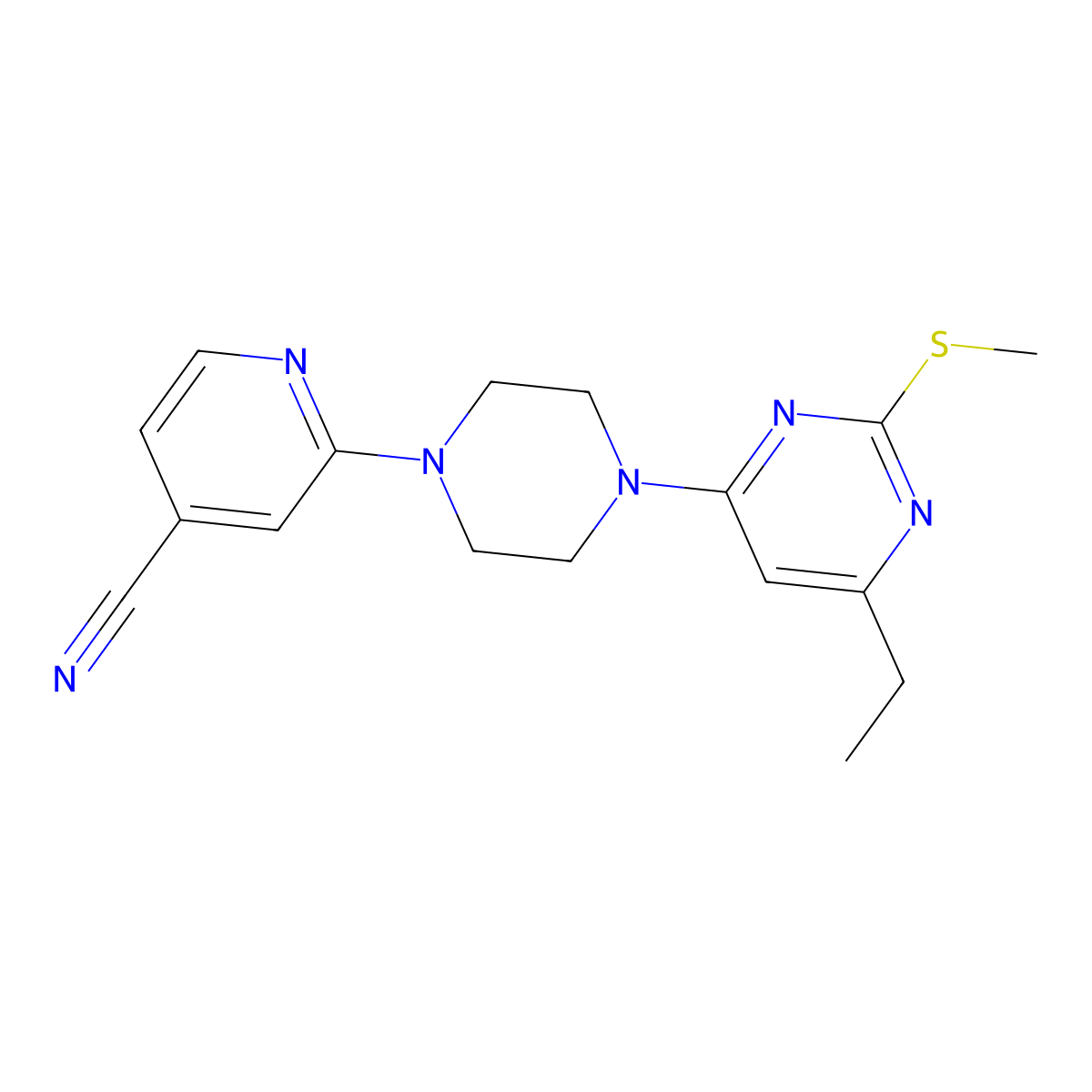 2-{4-[6-Ethyl-2-(methylsulfanyl)pyrimidin-4-yl]piperazin-1-yl}pyridine-4-carbonitrile molecular structure, CAS 2548976-36-7