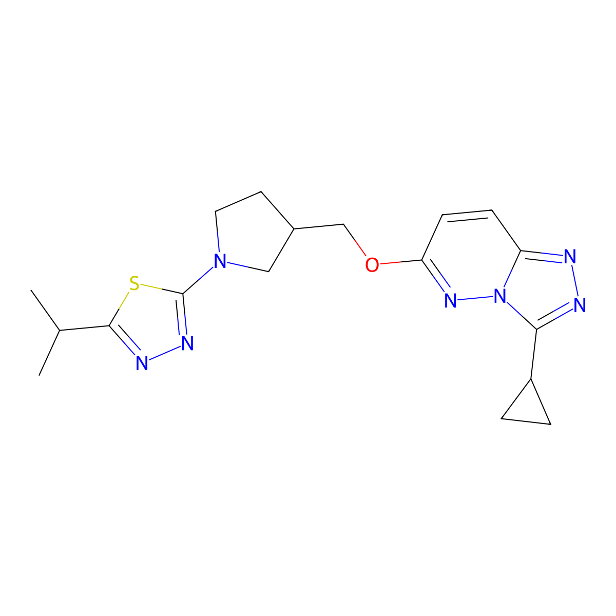 2-{3-[({3-Cyclopropyl-[1,2,4]triazolo[4,3-b]pyridazin-6-yl}oxy)methyl]pyrrolidin-1-yl}-5-(propan-2-yl)-1,3,4-thiadiazole molecular structure, CAS 2548976-44-7