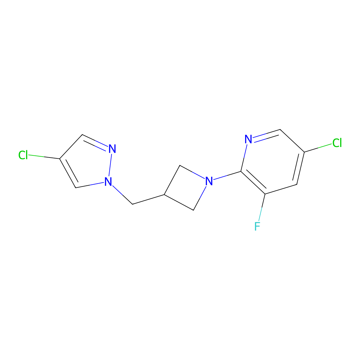 5-chloro-2-{3-[(4-chloro-1H-pyrazol-1-yl)methyl]azetidin-1-yl}-3-fluoropyridine molecular structure, CAS 2548976-52-7