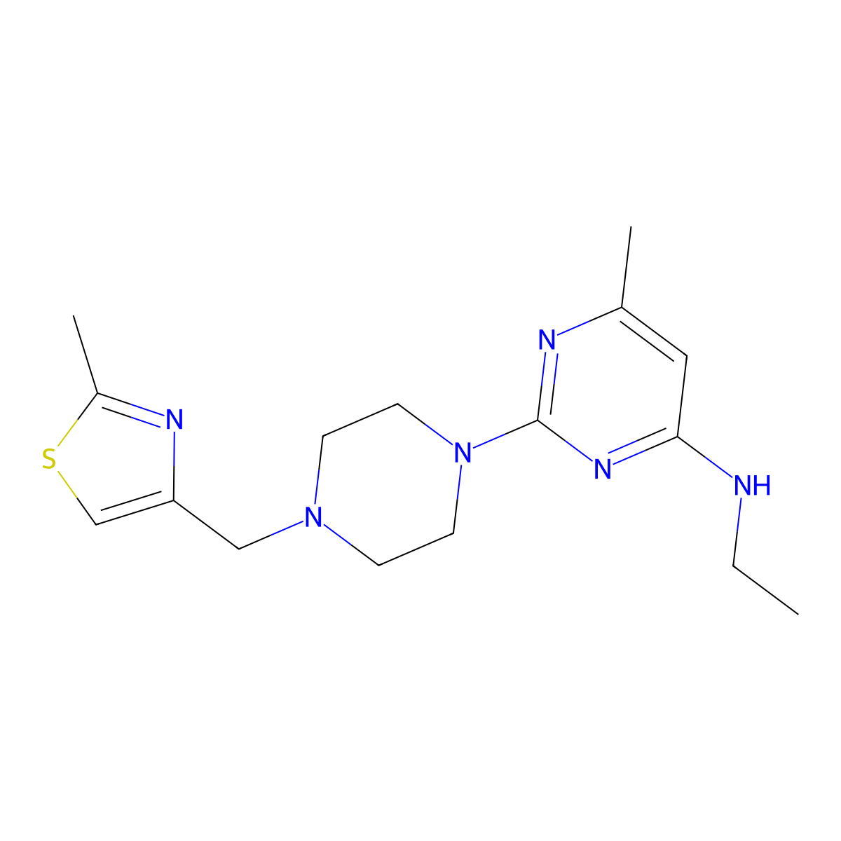 N-ethyl-6-methyl-2-{4-[(2-methyl-1,3-thiazol-4-yl)methyl]piperazin-1-yl}pyrimidin-4-amine molecular structure, CAS 2548976-62-9