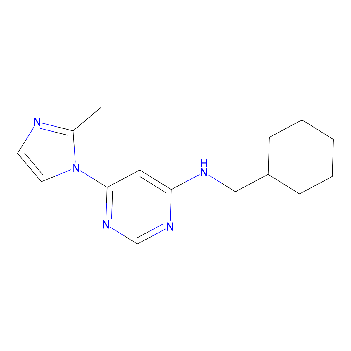 N-(cyclohexylmethyl)-6-(2-methyl-1H-imidazol-1-yl)pyrimidin-4-amine molecular structure, CAS 2548976-65-2