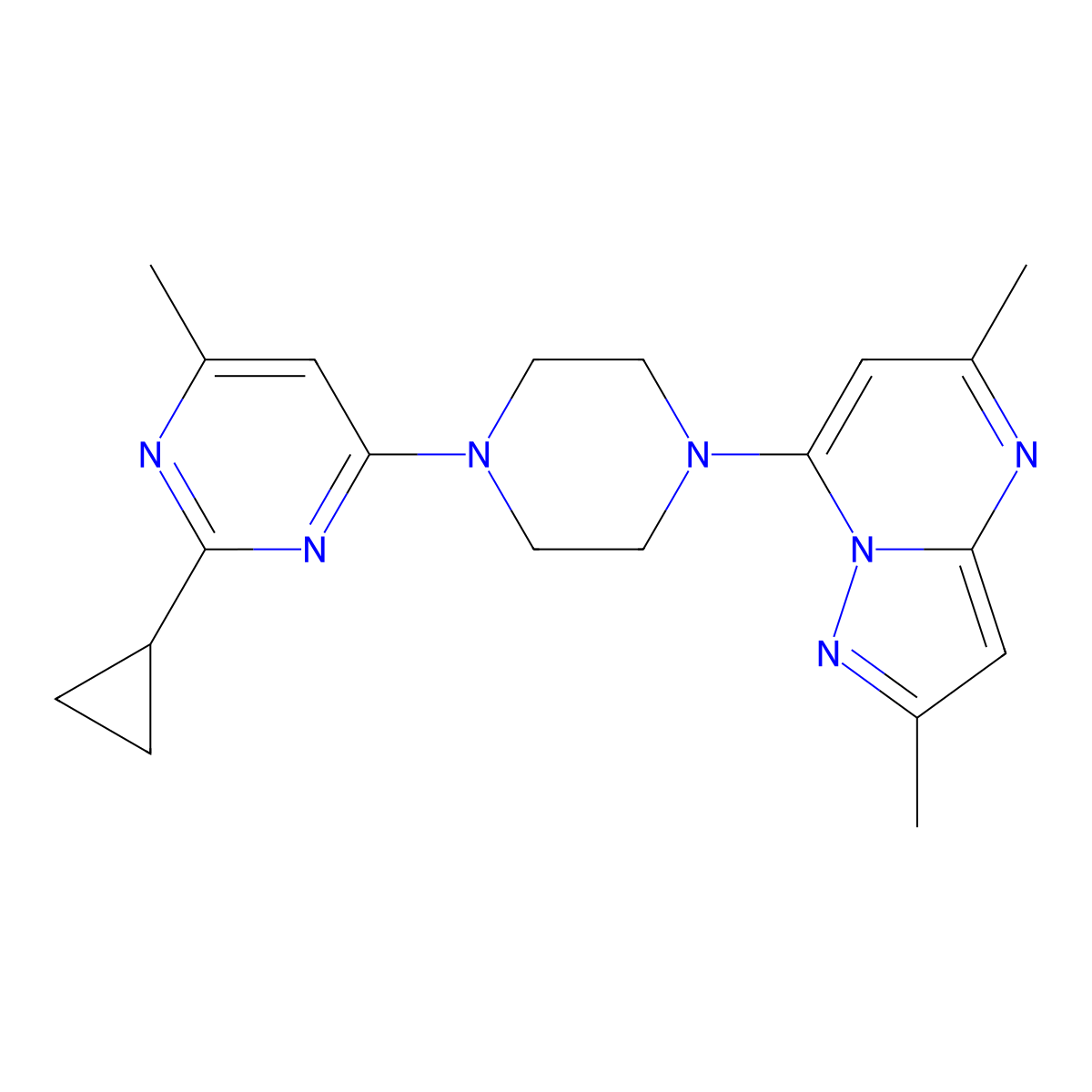 2-Cyclopropyl-4-(4-{2,5-dimethylpyrazolo[1,5-a]pyrimidin-7-yl}piperazin-1-yl)-6-methylpyrimidine molecular structure, CAS 2548976-71-0