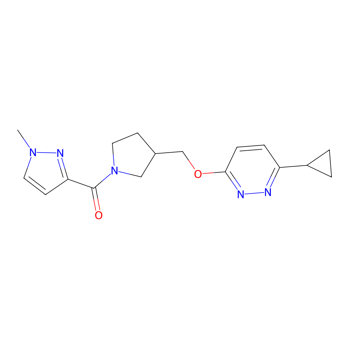 3-cyclopropyl-6-{[1-(1-methyl-1H-pyrazole-3-carbonyl)pyrrolidin-3-yl]methoxy}pyridazine molecular structure, CAS 2548976-81-2