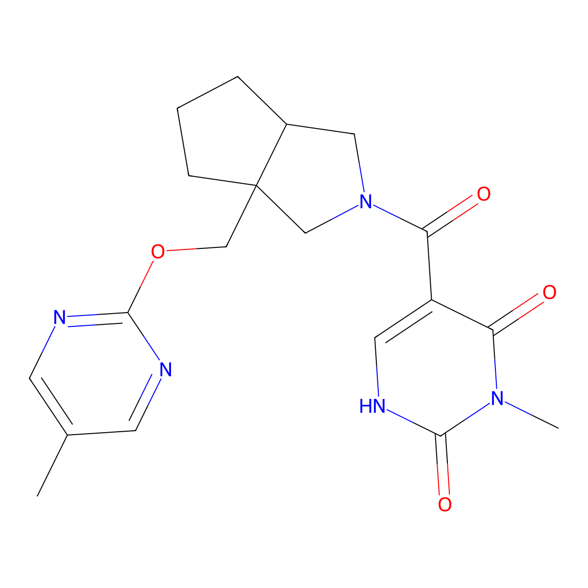 5-(3a-{[(5-Methylpyrimidin-2-yl)oxy]methyl}-octahydrocyclopenta[c]pyrrole-2-carbonyl)-3-methyl-1,2,3,4-tetrahydropyrimidine-2,4-dione molecular structure, CAS 2548976-84-5