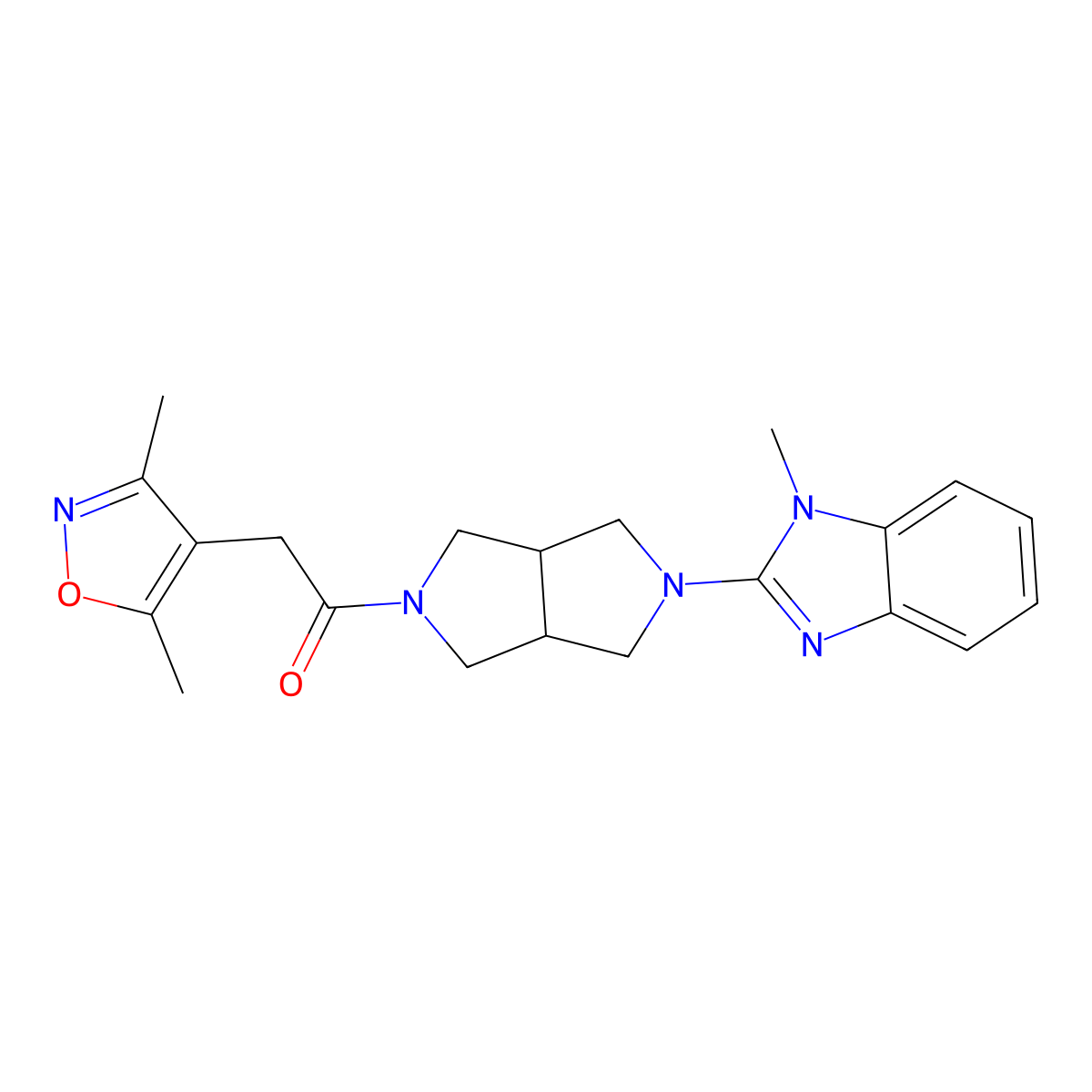 2-(3,5-dimethyl-1,2-oxazol-4-yl)-1-[5-(1-methyl-1H-1,3-benzodiazol-2-yl)-octahydropyrrolo[3,4-c]pyrrol-2-yl]ethan-1-one molecular structure, CAS 2548976-88-9