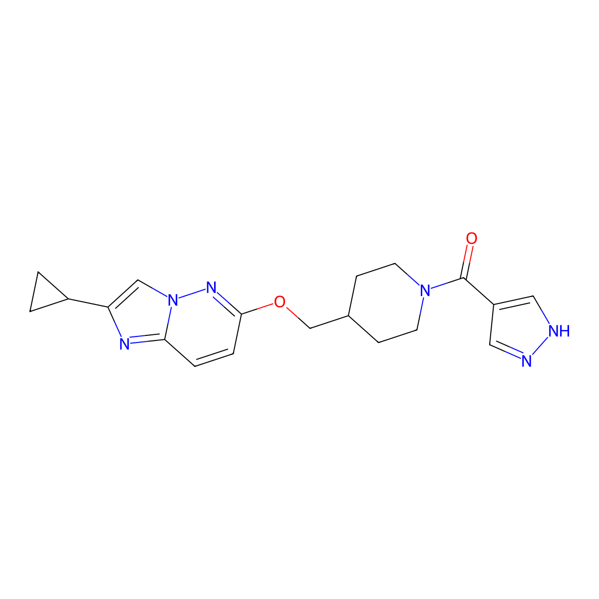 4-[({2-cyclopropylimidazo[1,2-b]pyridazin-6-yl}oxy)methyl]-1-(1H-pyrazole-4-carbonyl)piperidine molecular structure, CAS 2548976-90-3