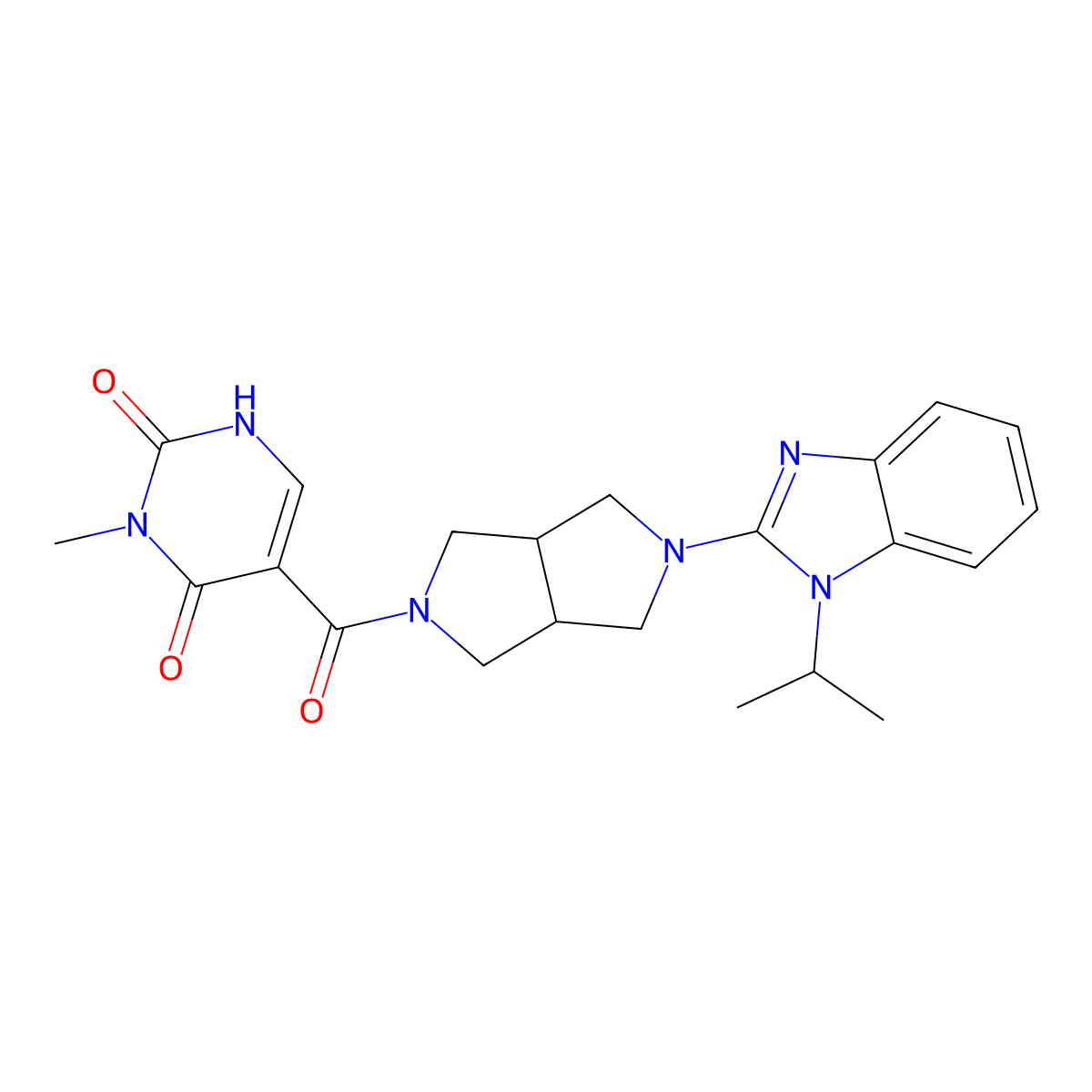 3-methyl-5-{5-[1-(propan-2-yl)-1H-1,3-benzodiazol-2-yl]-octahydropyrrolo[3,4-c]pyrrole-2-carbonyl}-1,2,3,4-tetrahydropyrimidine-2,4-dione molecular structure, CAS 2548976-98-1