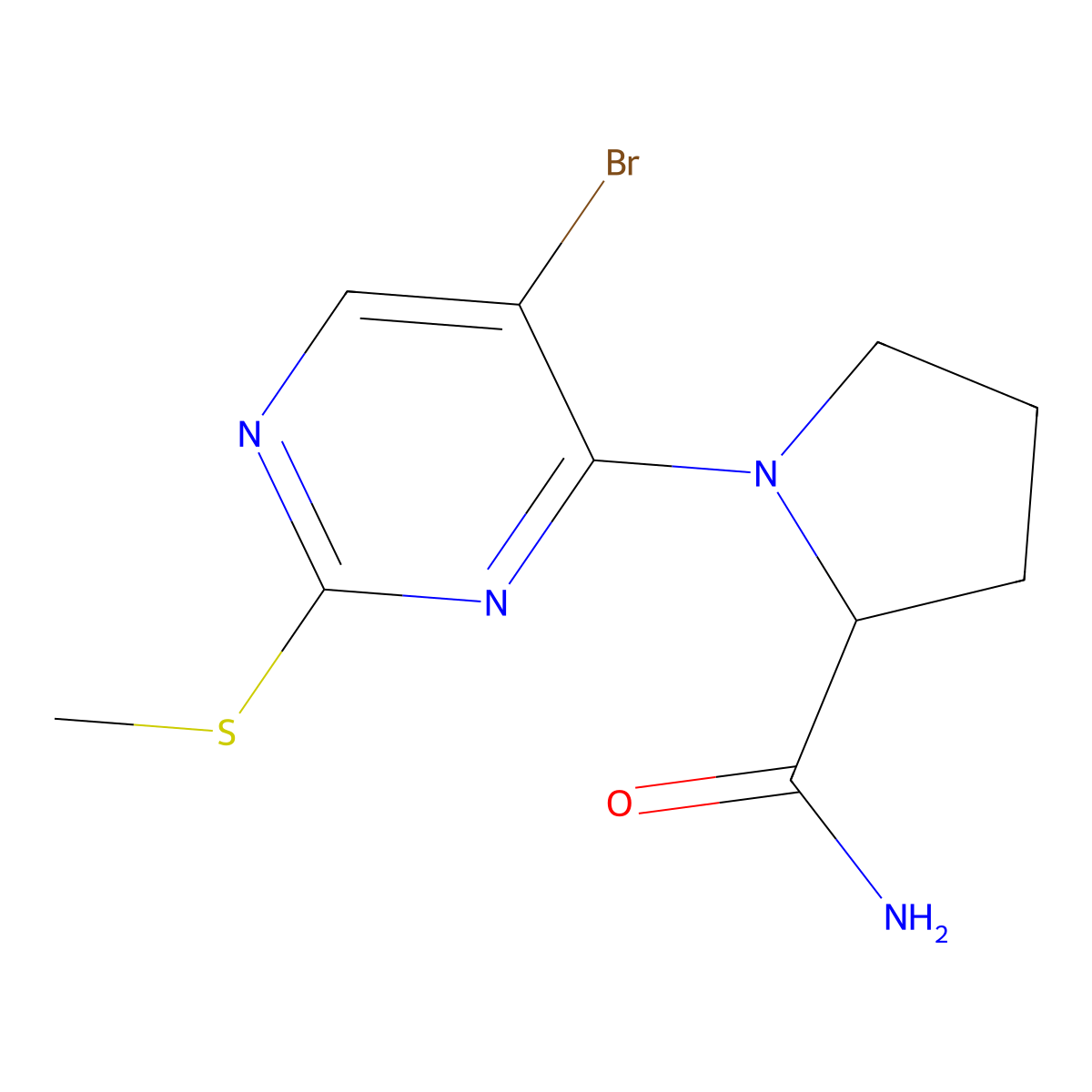 1-[5-Bromo-2-(methylsulfanyl)pyrimidin-4-yl]pyrrolidine-2-carboxamide molecular structure, CAS 2548977-09-7