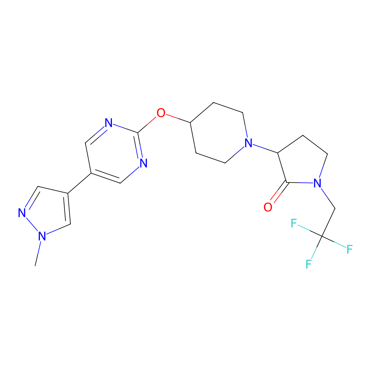 3-(4-{[5-(1-methyl-1H-pyrazol-4-yl)pyrimidin-2-yl]oxy}piperidin-1-yl)-1-(2,2,2-trifluoroethyl)pyrrolidin-2-one molecular structure, CAS 2548977-18-8