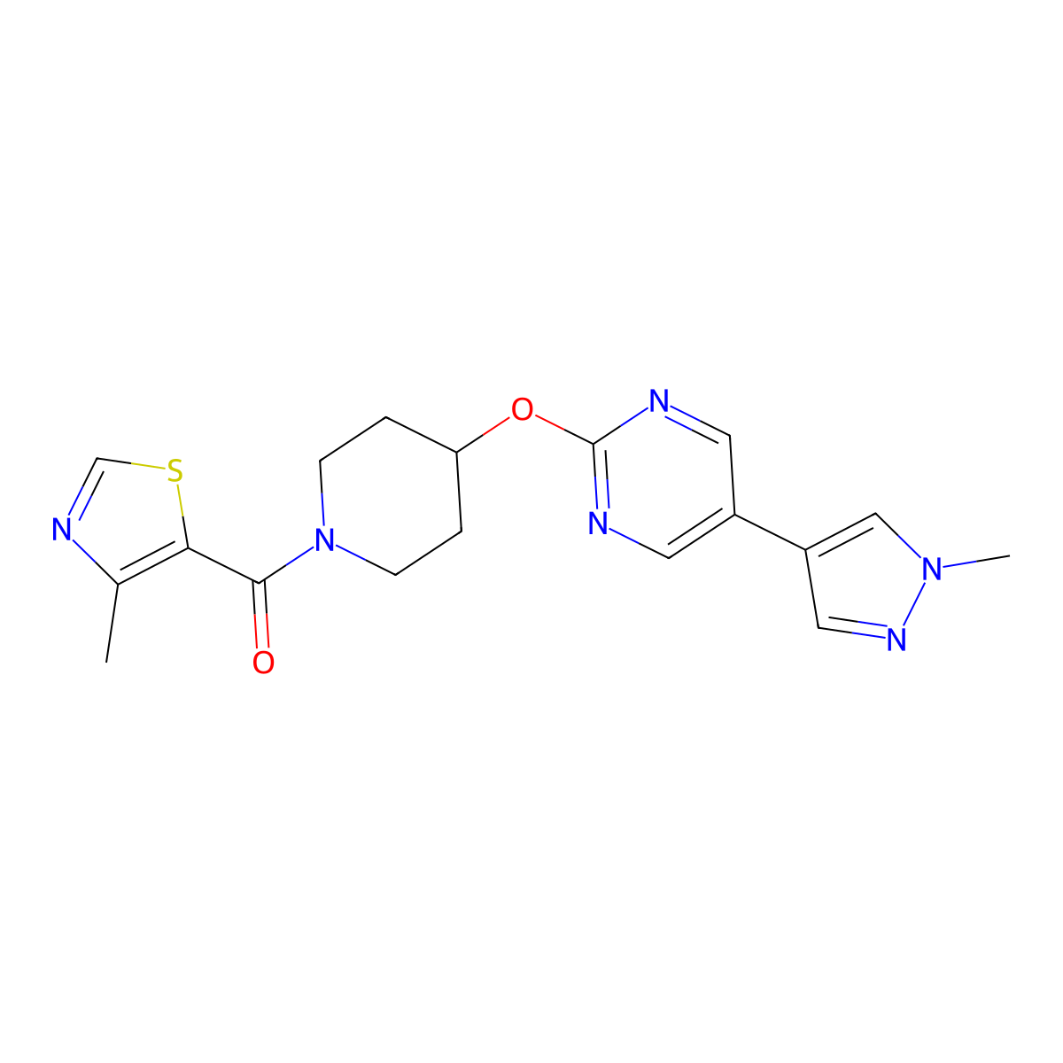 2-{[1-(4-methyl-1,3-thiazole-5-carbonyl)piperidin-4-yl]oxy}-5-(1-methyl-1H-pyrazol-4-yl)pyrimidine molecular structure, CAS 2548977-29-1