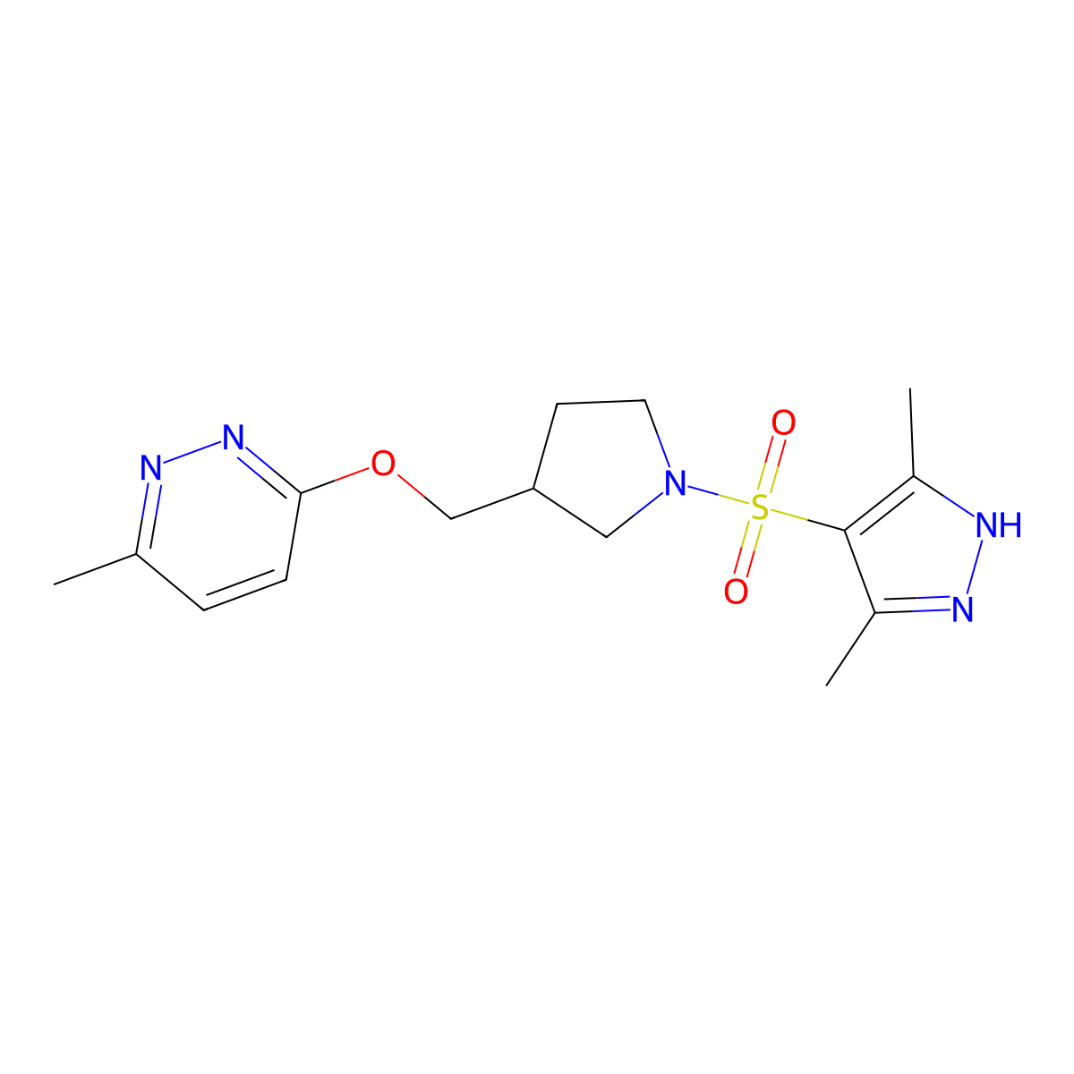 3-({1-[(3,5-dimethyl-1H-pyrazol-4-yl)sulfonyl]pyrrolidin-3-yl}methoxy)-6-methylpyridazine molecular structure, CAS 2548977-33-7
