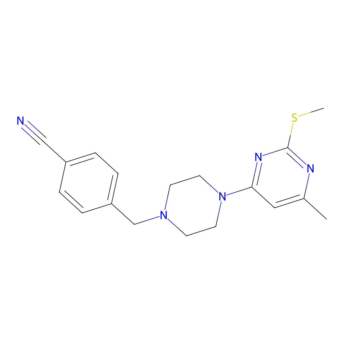 4-({4-[6-Methyl-2-(methylsulfanyl)pyrimidin-4-yl]piperazin-1-yl}methyl)benzonitrile molecular structure, CAS 2548977-34-8