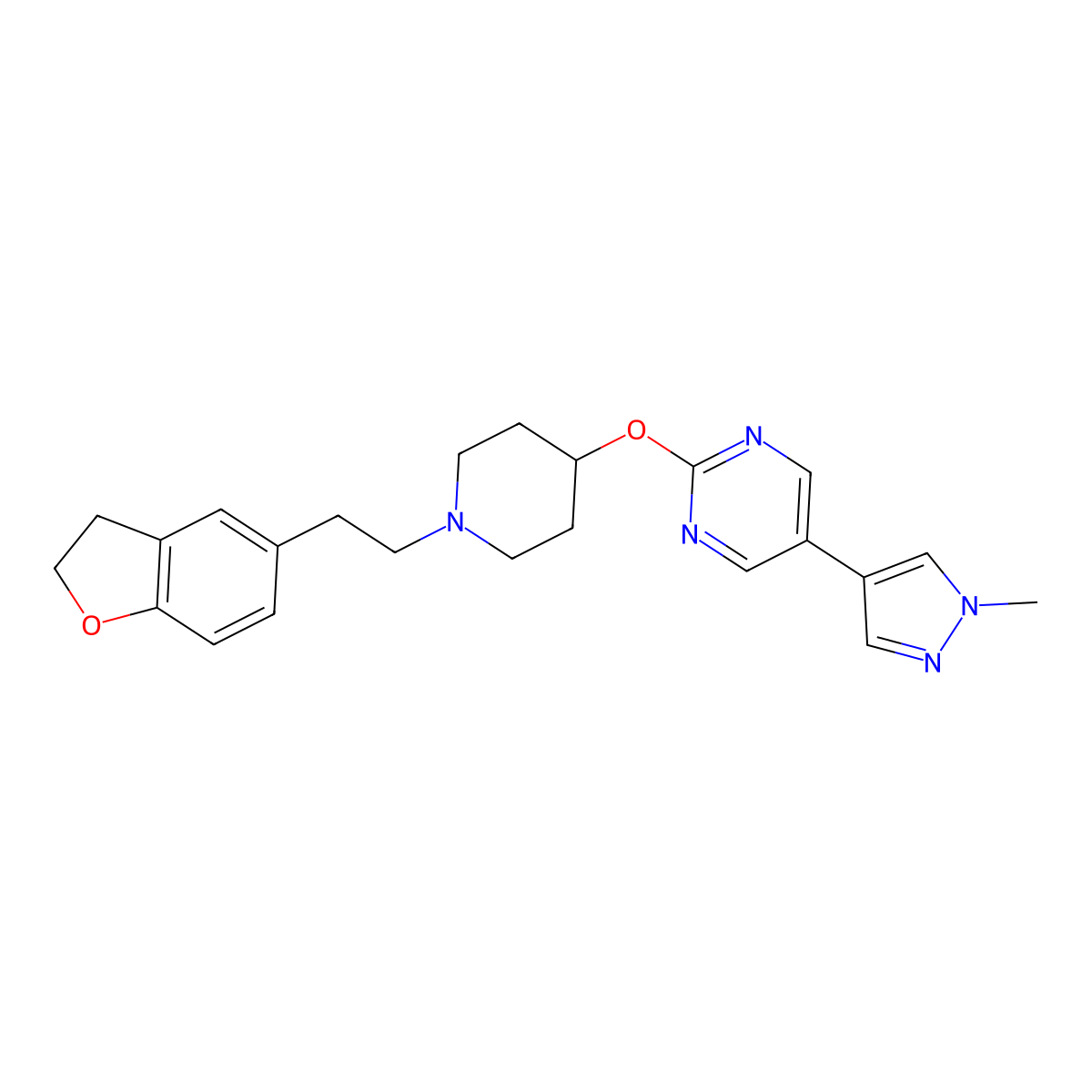 2-({1-[2-(2,3-dihydro-1-benzofuran-5-yl)ethyl]piperidin-4-yl}oxy)-5-(1-methyl-1H-pyrazol-4-yl)pyrimidine molecular structure, CAS 2548977-53-1