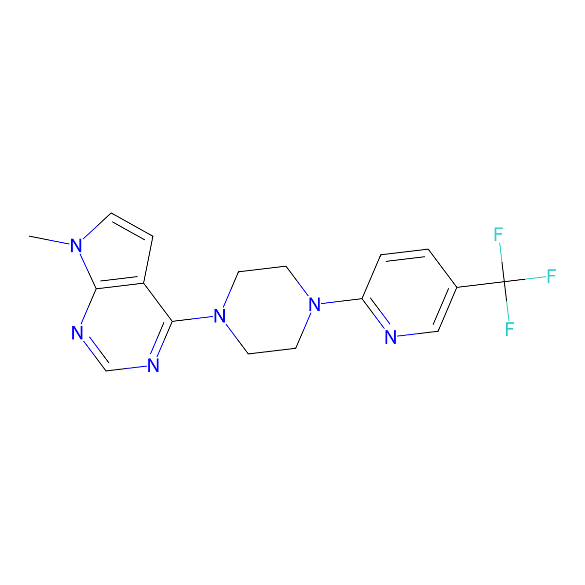 1-{7-methyl-7H-pyrrolo[2,3-d]pyrimidin-4-yl}-4-[5-(trifluoromethyl)pyridin-2-yl]piperazine molecular structure, CAS 2548977-54-2