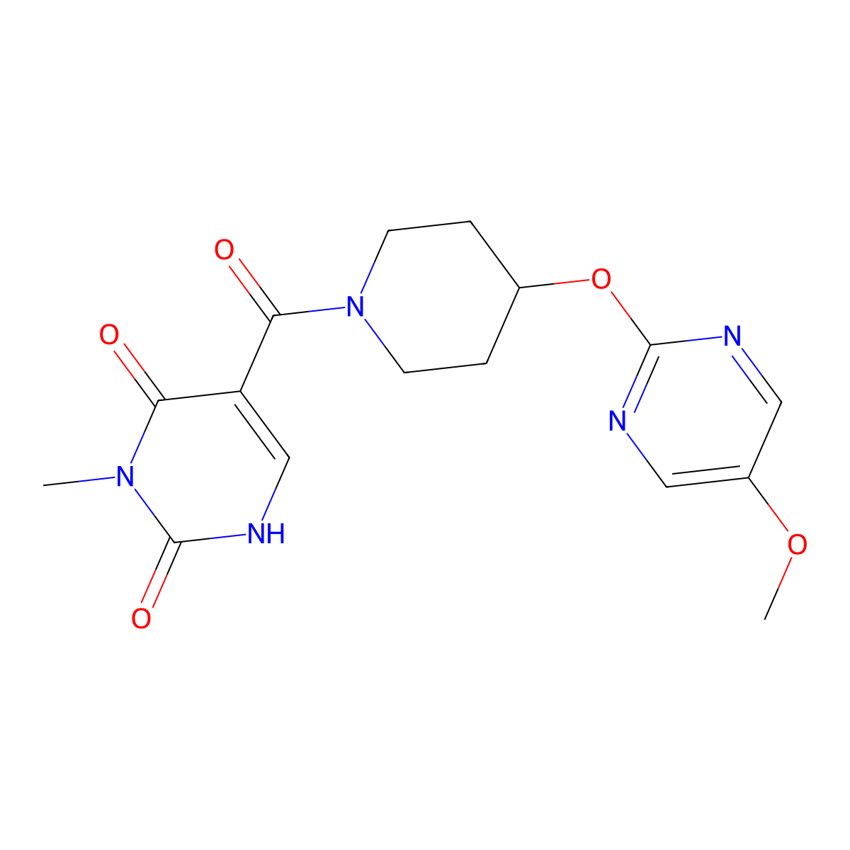 5-{4-[(5-Methoxypyrimidin-2-yl)oxy]piperidine-1-carbonyl}-3-methyl-1,2,3,4-tetrahydropyrimidine-2,4-dione molecular structure, CAS 2548977-58-6
