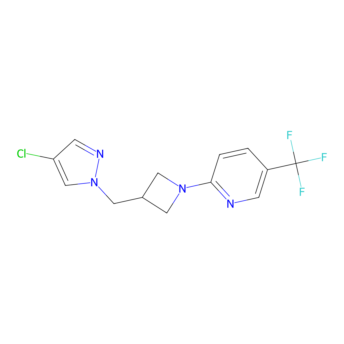 2-{3-[(4-chloro-1H-pyrazol-1-yl)methyl]azetidin-1-yl}-5-(trifluoromethyl)pyridine molecular structure, CAS 2548977-61-1