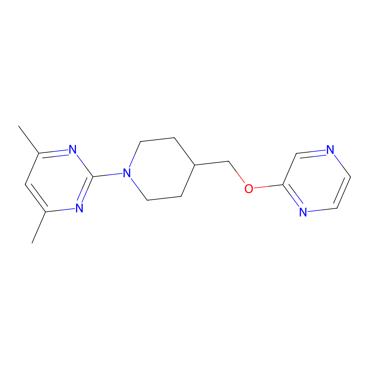 4,6-Dimethyl-2-{4-[(pyrazin-2-yloxy)methyl]piperidin-1-yl}pyrimidine molecular structure, CAS 2548977-62-2