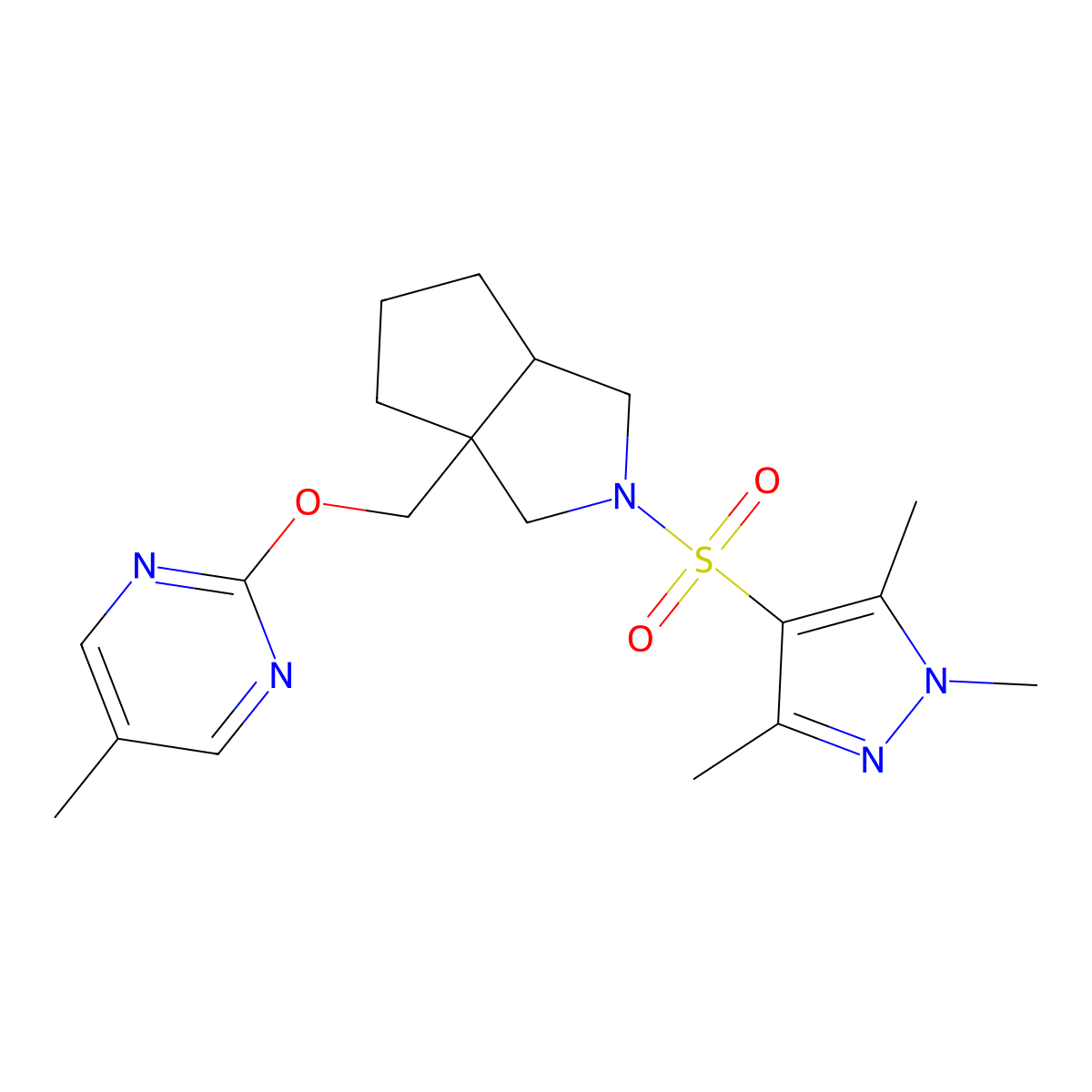 5-methyl-2-({2-[(1,3,5-trimethyl-1H-pyrazol-4-yl)sulfonyl]-octahydrocyclopenta[c]pyrrol-3a-yl}methoxy)pyrimidine molecular structure, CAS 2548977-67-7