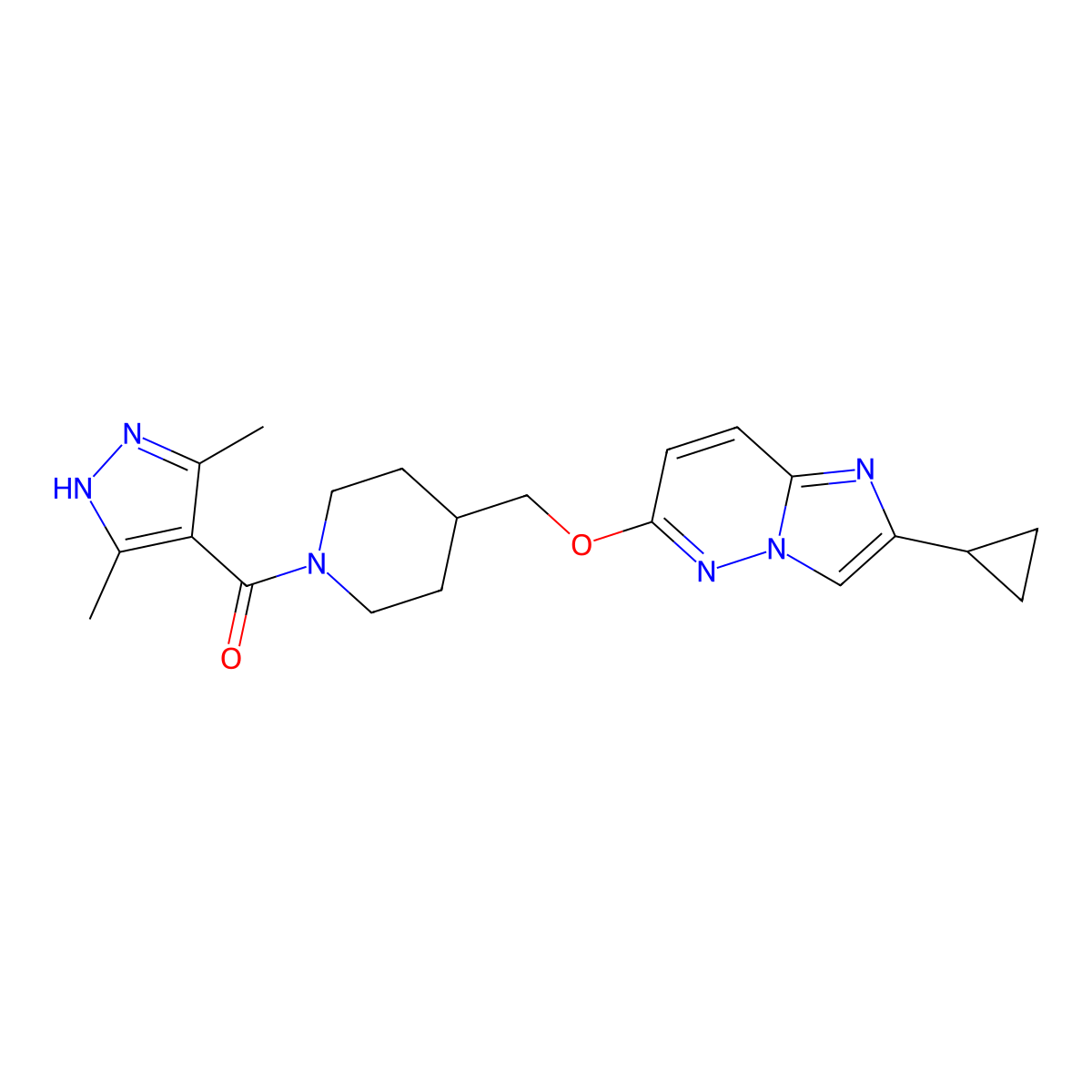 4-[({2-cyclopropylimidazo[1,2-b]pyridazin-6-yl}oxy)methyl]-1-(3,5-dimethyl-1H-pyrazole-4-carbonyl)piperidine molecular structure, CAS 2548977-70-2