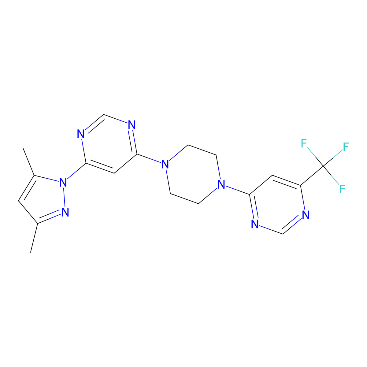 4-(3,5-dimethyl-1H-pyrazol-1-yl)-6-{4-[6-(trifluoromethyl)pyrimidin-4-yl]piperazin-1-yl}pyrimidine molecular structure, CAS 2548977-78-0