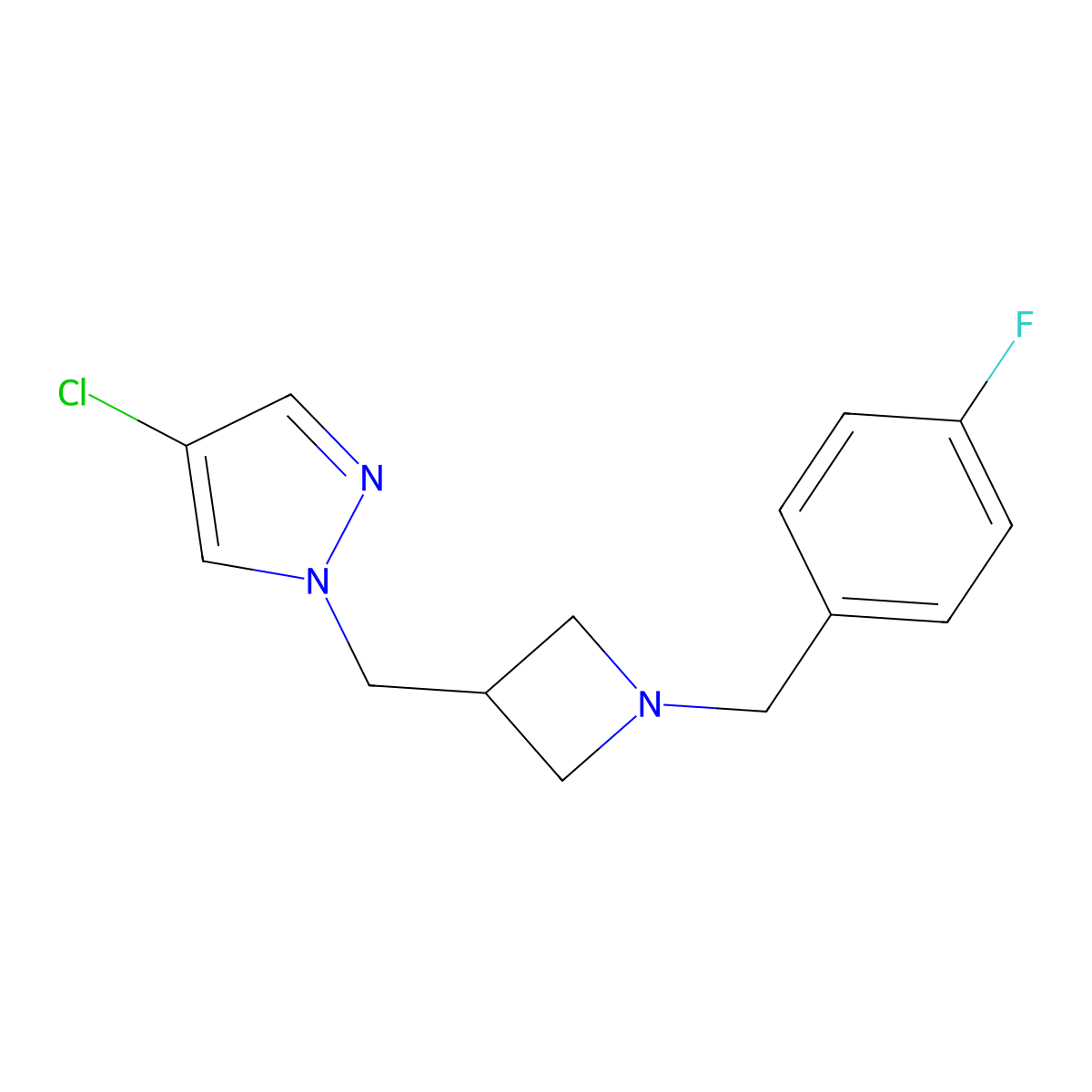 4-chloro-1-({1-[(4-fluorophenyl)methyl]azetidin-3-yl}methyl)-1H-pyrazole molecular structure, CAS 2548977-82-6