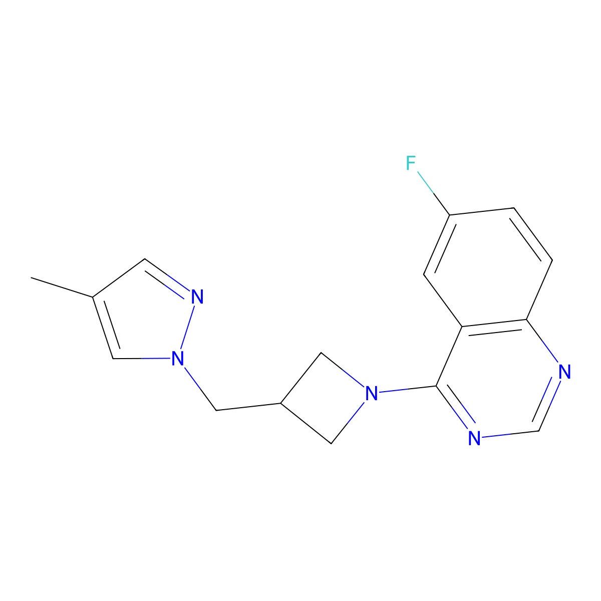 6-fluoro-4-{3-[(4-methyl-1H-pyrazol-1-yl)methyl]azetidin-1-yl}quinazoline molecular structure, CAS 2548977-90-6
