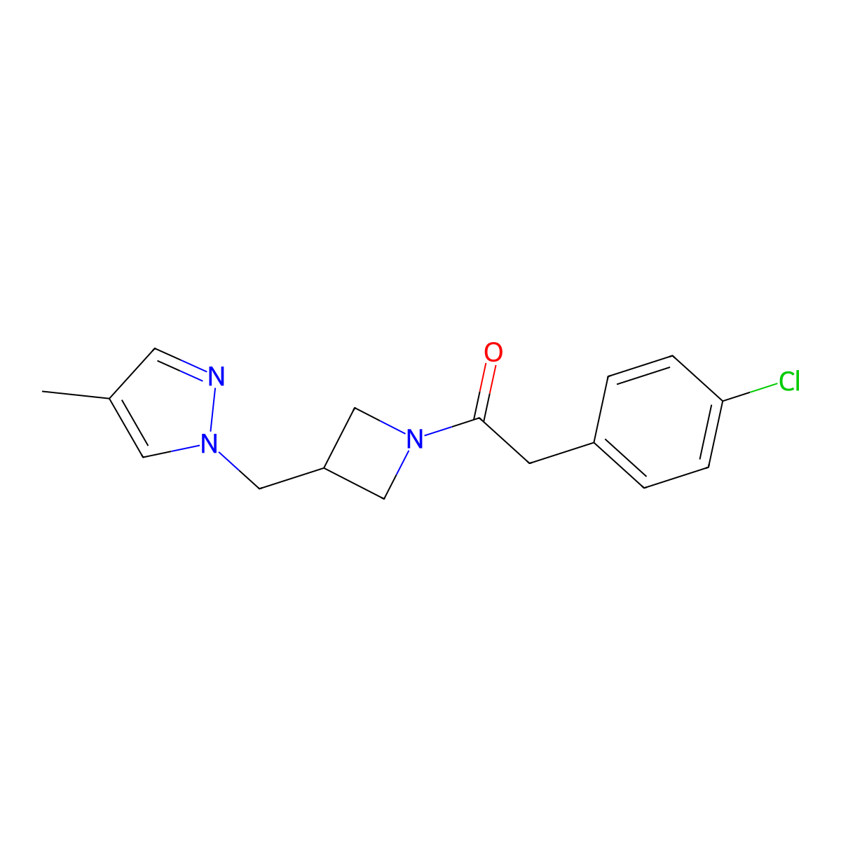 2-(4-chlorophenyl)-1-{3-[(4-methyl-1H-pyrazol-1-yl)methyl]azetidin-1-yl}ethan-1-one molecular structure, CAS 2548977-93-9