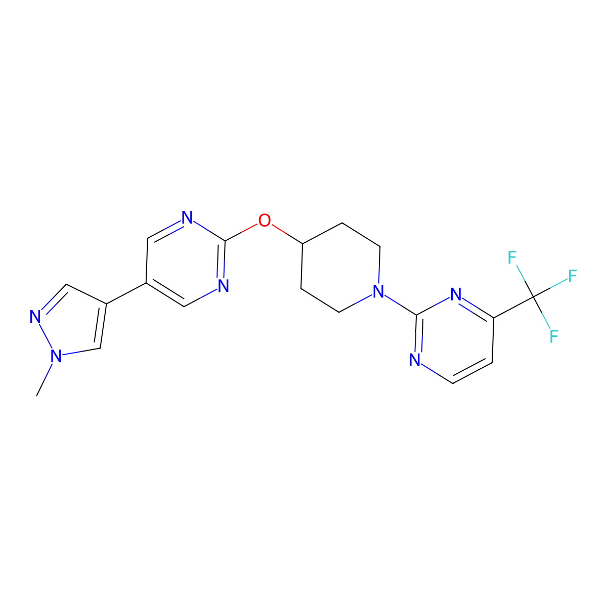 2-(4-{[5-(1-methyl-1H-pyrazol-4-yl)pyrimidin-2-yl]oxy}piperidin-1-yl)-4-(trifluoromethyl)pyrimidine molecular structure, CAS 2548977-97-3