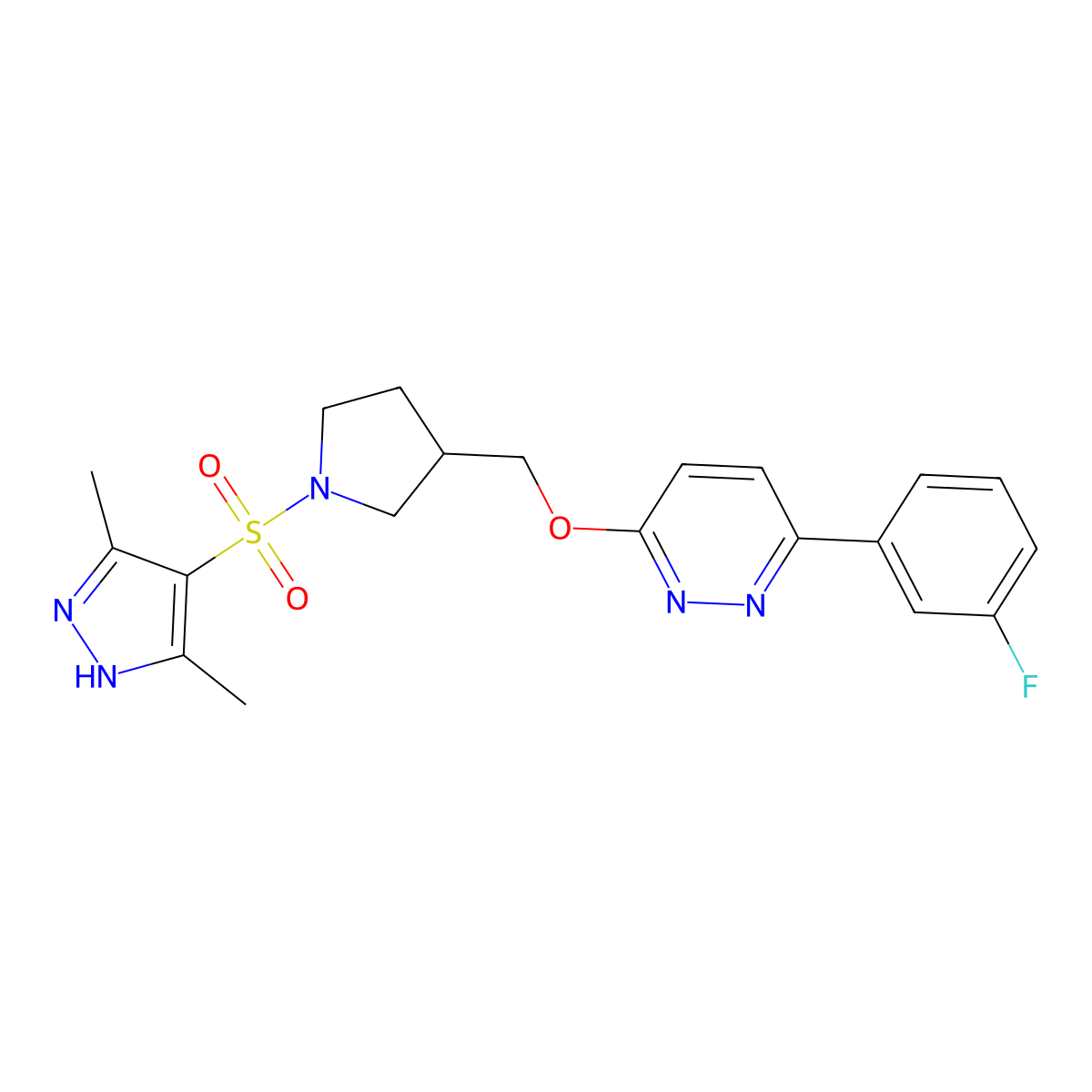 3-({1-[(3,5-dimethyl-1H-pyrazol-4-yl)sulfonyl]pyrrolidin-3-yl}methoxy)-6-(3-fluorophenyl)pyridazine molecular structure, CAS 2548978-00-1