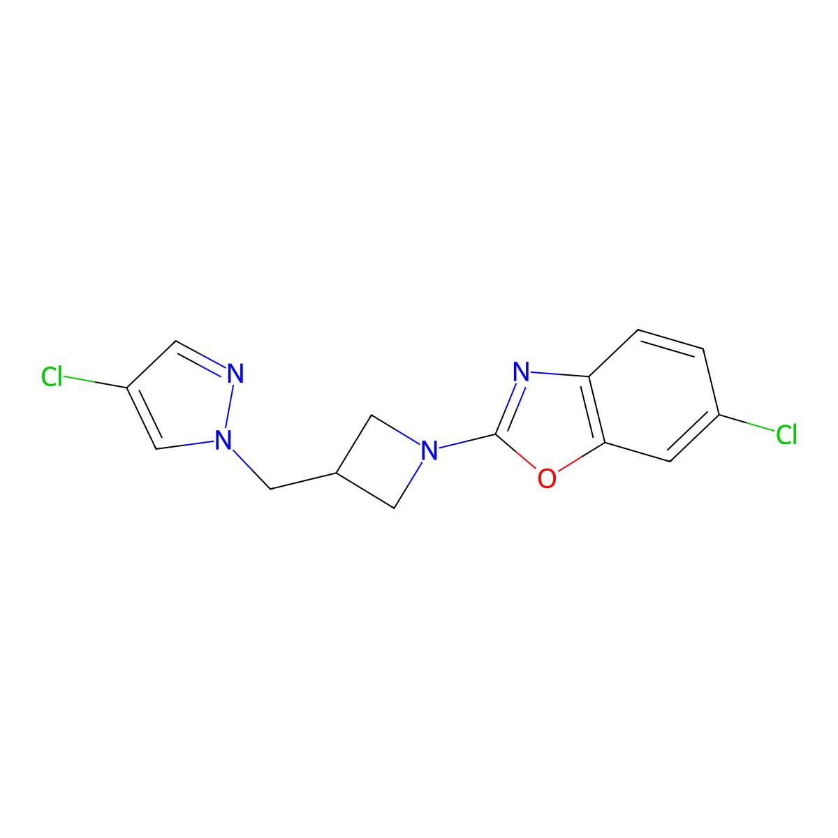 6-chloro-2-{3-[(4-chloro-1H-pyrazol-1-yl)methyl]azetidin-1-yl}-1,3-benzoxazole molecular structure, CAS 2548978-04-5